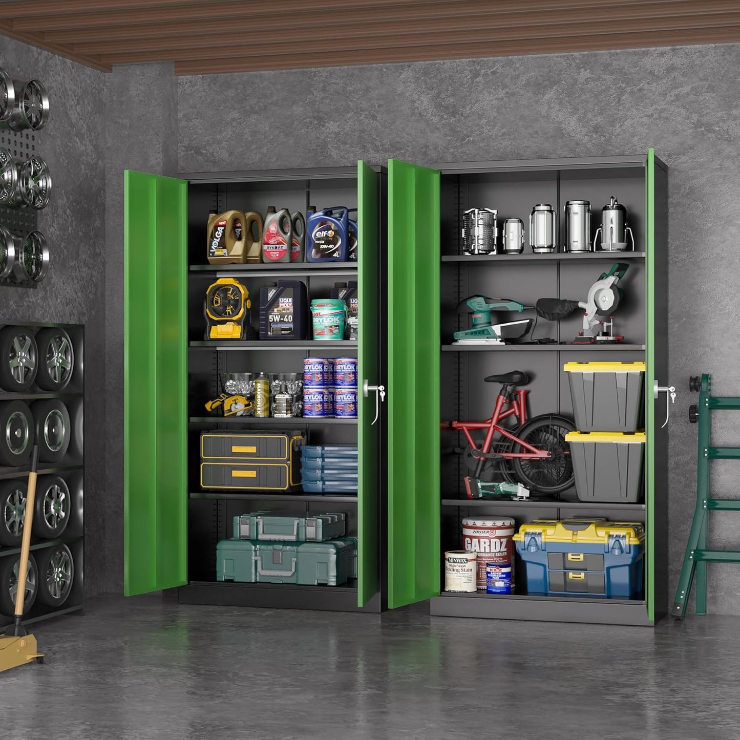 Greenvelly Metal Garage Storage Cabinet, 72" Tall Steel Storage Cabinets with Doors and Adjustable Shelves, Metal Tool Cabinets, Locking File Cabinet for Home Office, Garage, School (Black&Green)