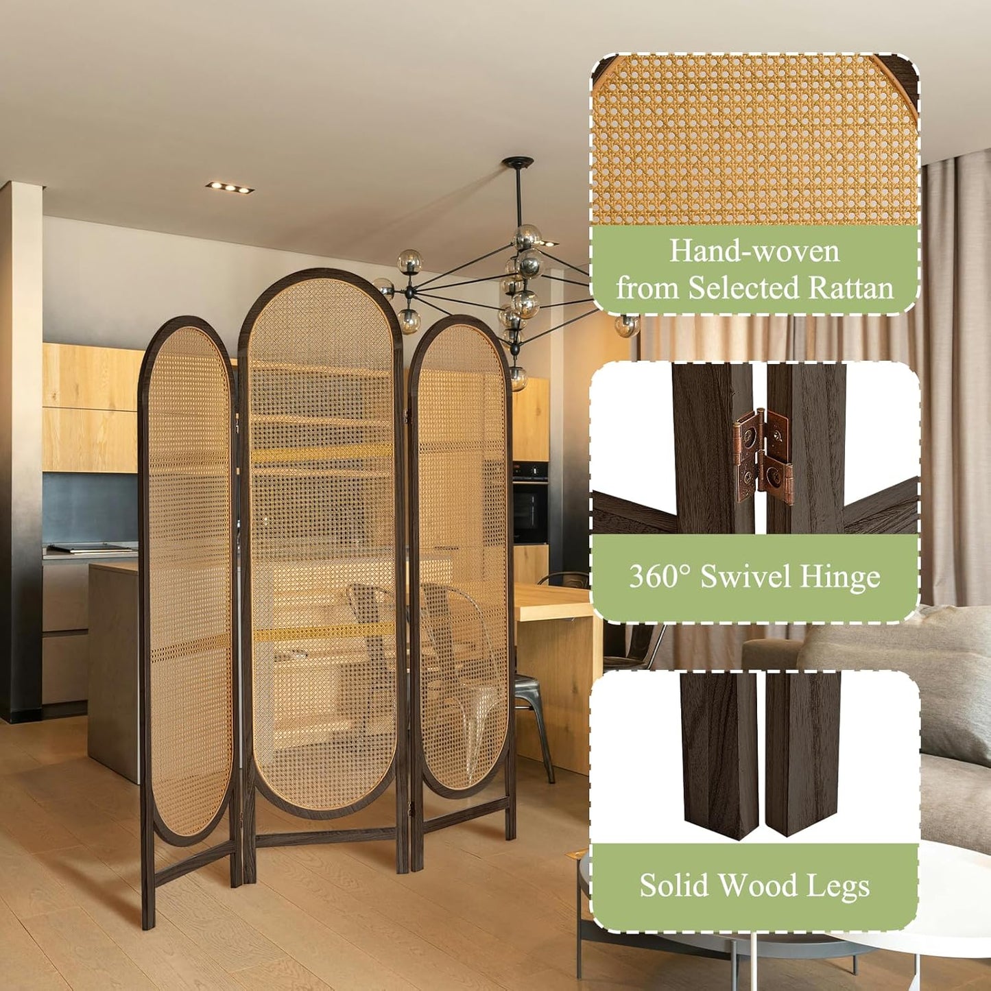 Room Divider Panel, 3 Panel Roomdivider Wall, Wood Room Dividers and Folding Privacy Screens, Rattan Partition Room Dividers, Privacy Dividers for Rooms, Bedroom, Dining Room, Dark Brown