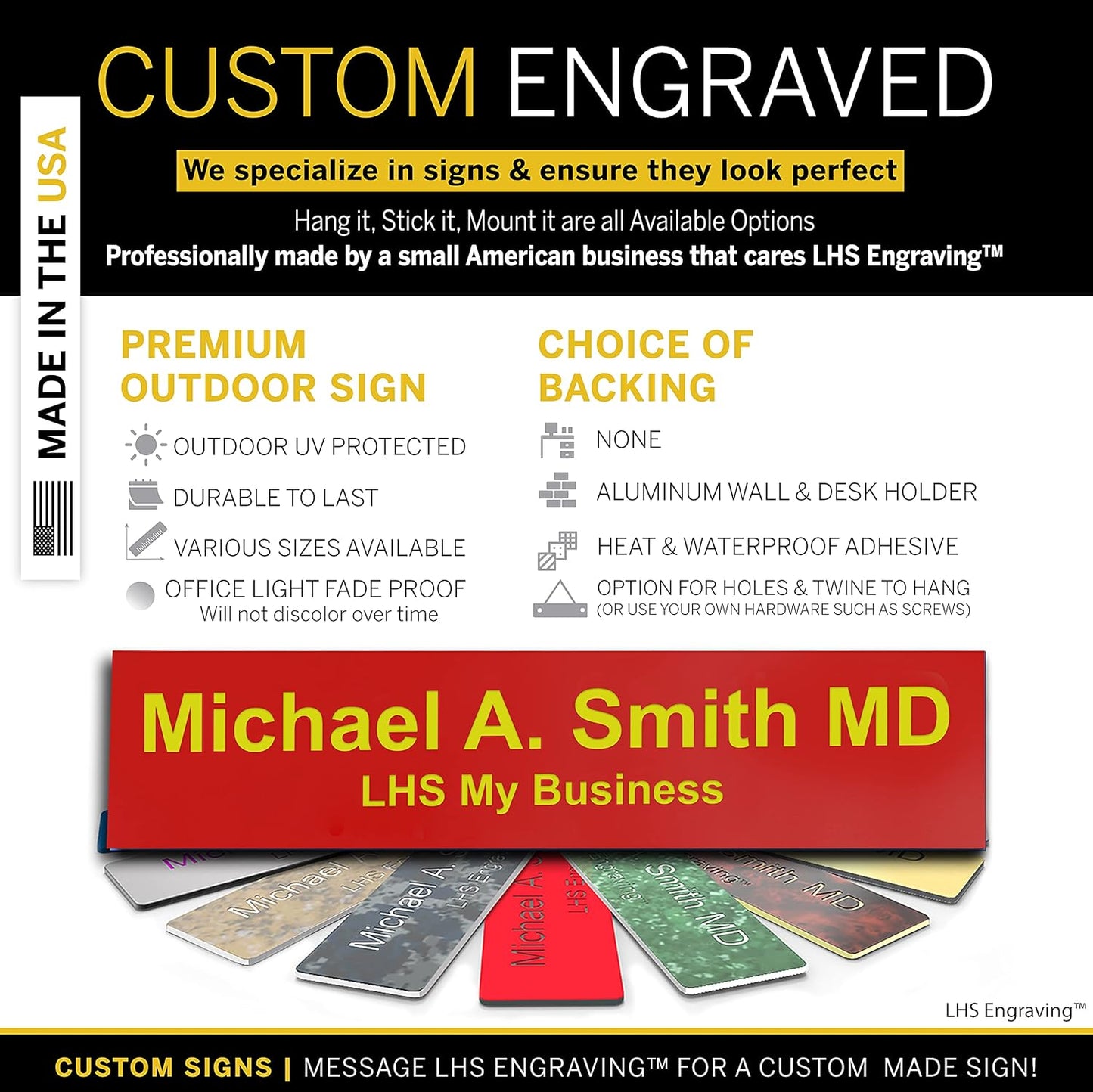 Door Name Plate Personalized for Office Red Plastic Name Plate with Yellow Letters - Made in USA 2x6 B22