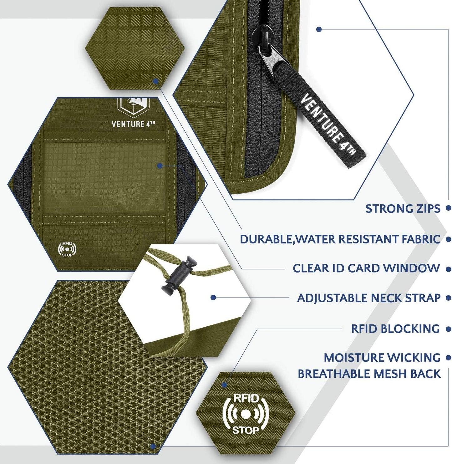 VENTURE 4TH Passport Holder Neck Wallet with RFID Blocking Nylon Lining - Hidden Neck Pouch for Travel (Green)