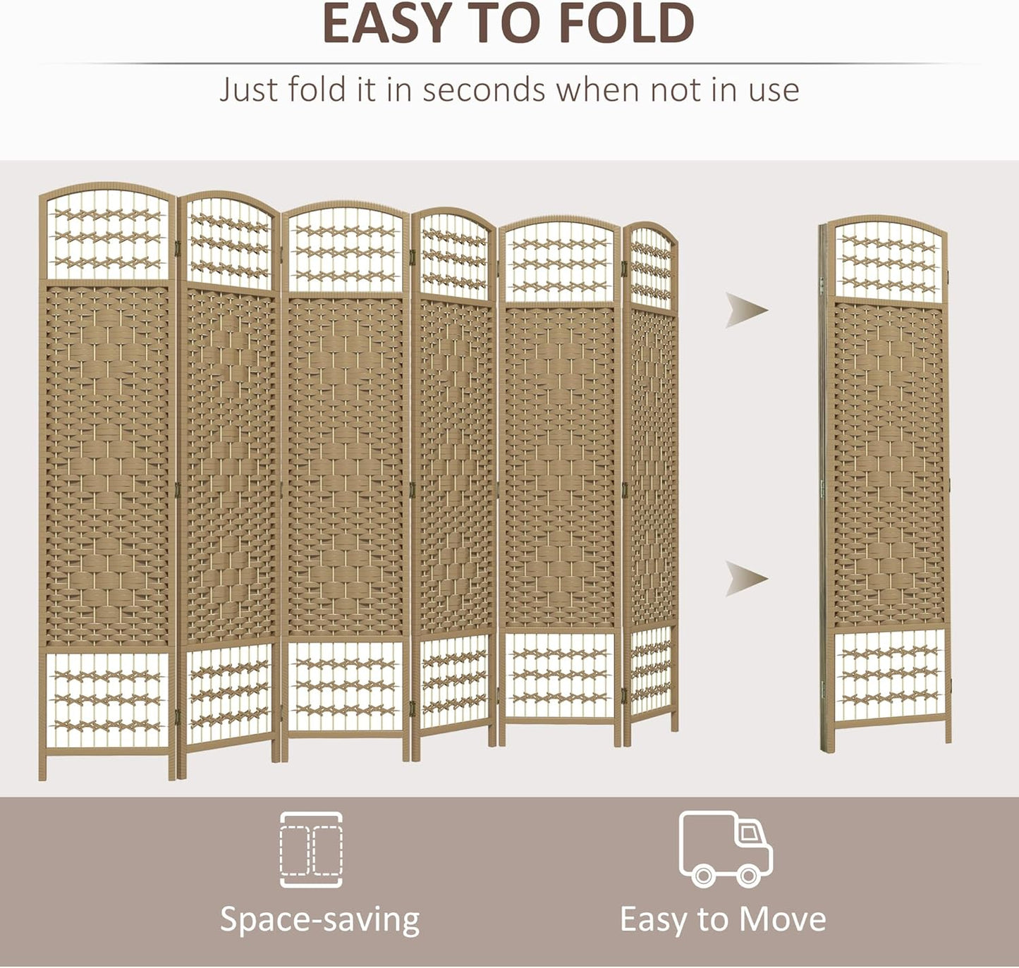 HOMCOM 6 Panel Room Divider, Folding Privacy Screen, 5.6' Room Separator, Wave Fiber Freestanding Partition Wall Divider, Natural