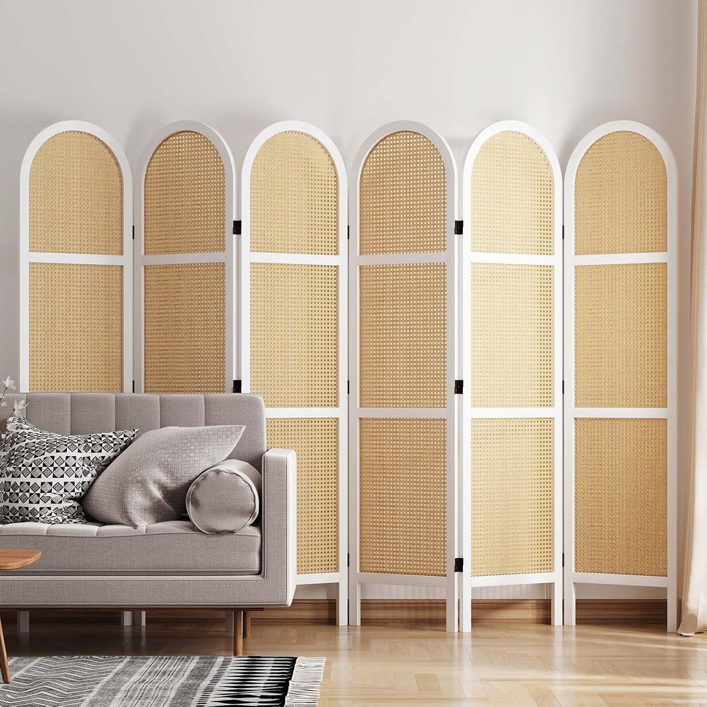 Room Dividers and Folding Privacy Screens, 5.6 Ft Double Hinged Rattan Partition Freestanding Wall Room Divider for Home - 6 Panels (White)