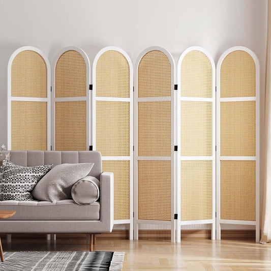 Room Dividers and Folding Privacy Screens, 5.6 Ft Double Hinged Rattan Partition Freestanding Wall Room Divider for Home - 6 Panels (White)