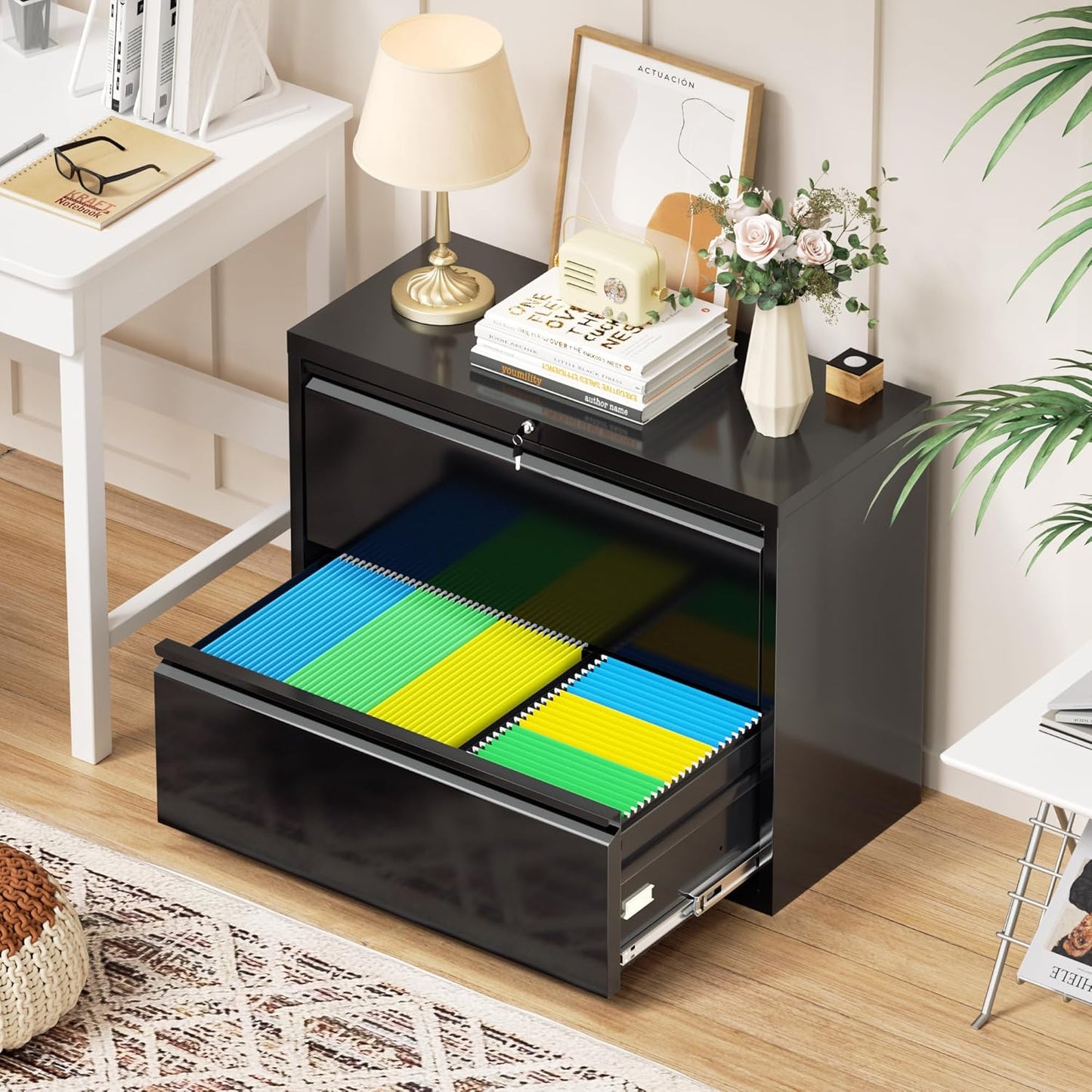 Incbruce Lateral File Cabinet with Lock, 28" W 2 Drawer Filing cabinets for Home Office Home, Office, Fit A4/F4/Letter/Legal File, Under Desk Filing Cabinet (Black)