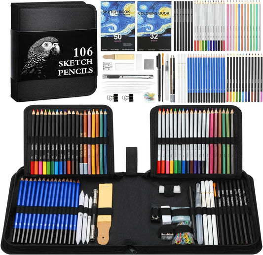 Cool Bank 106 Pack Art Supplies Sketching Kit with 3-Color Sketch Book, Coloring Book, Drawing Pencils with Graphite Colored Charcoal Watercolor & Metallic Pencils, Art Kit Gifts for Artist Adults Kid