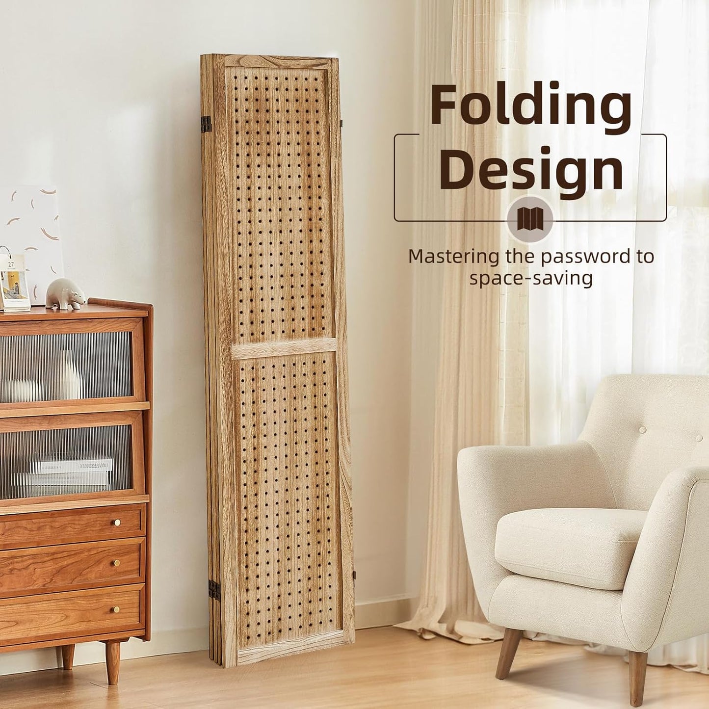 4 Panel Pegboard Display with 16 Hooks, Wooden Room Divider Wall and Folding Privacy Screens, Privacy Dividers for Rooms, Pegboard Room Divider, Jewelry Store, Bedroom, Balcony, Light Brown