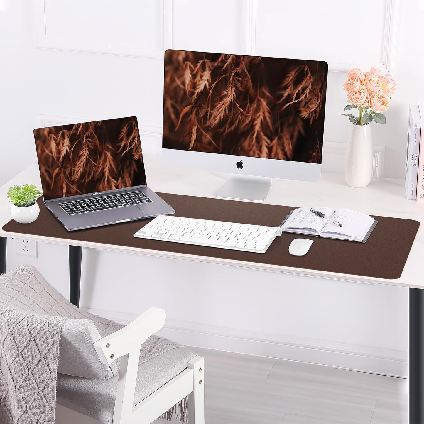 Leather Desk pad Protector, Large Desk mat with Natural Cork & PU Leather,Mouse pad,Non-Slip Office Desk Mat,Waterproof Desk Writing Pad for Office and Home (47in*23.7in,Coffee)