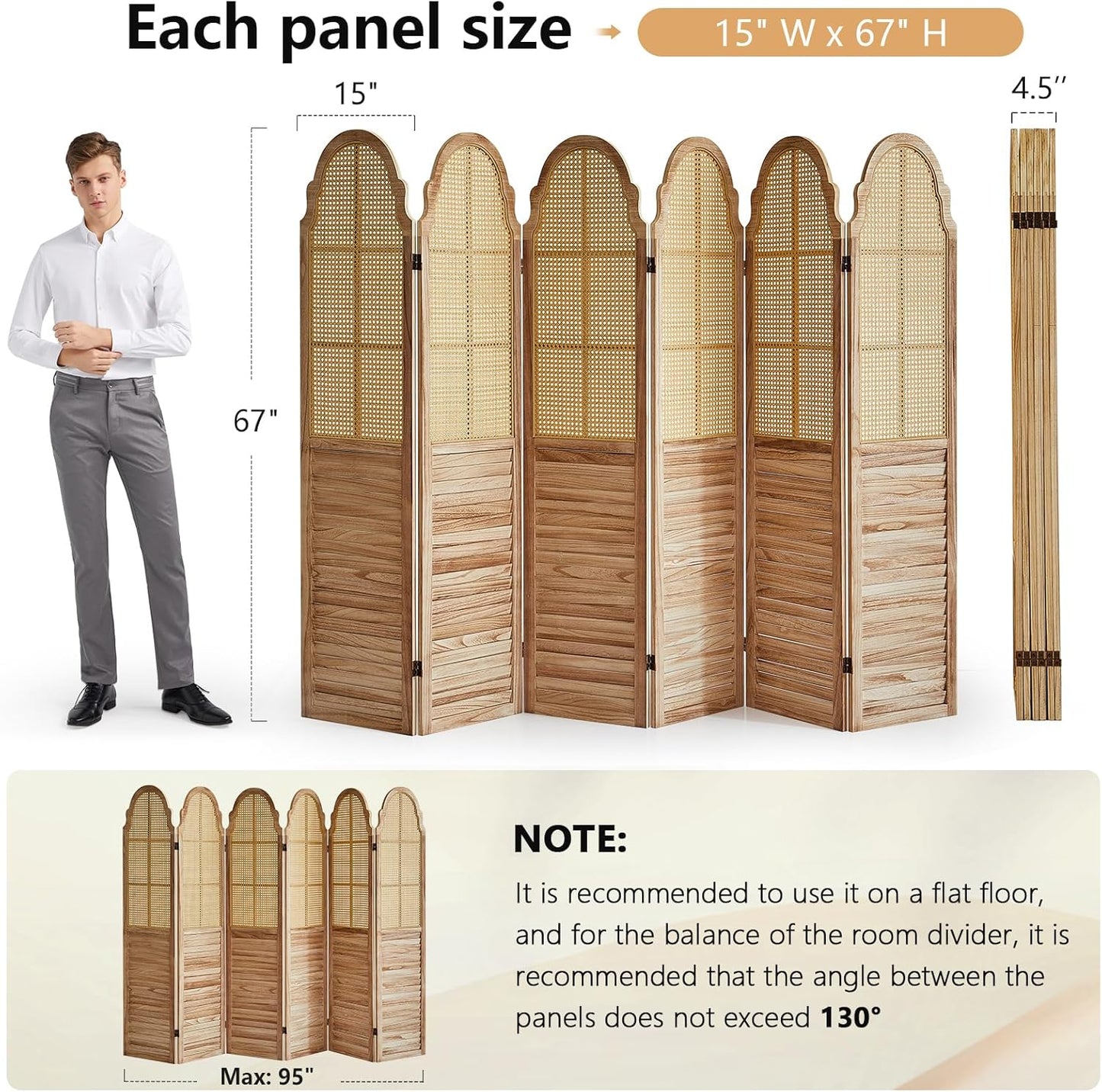 6 Panel Rattan Room Divider Panel, 5.6Ft Partitionsand Dividers, Louvered Partition Divider, Room Dividers Screen, Solid Wood Frame, Folding Screen, Bedroom, Family Room, Light Brown