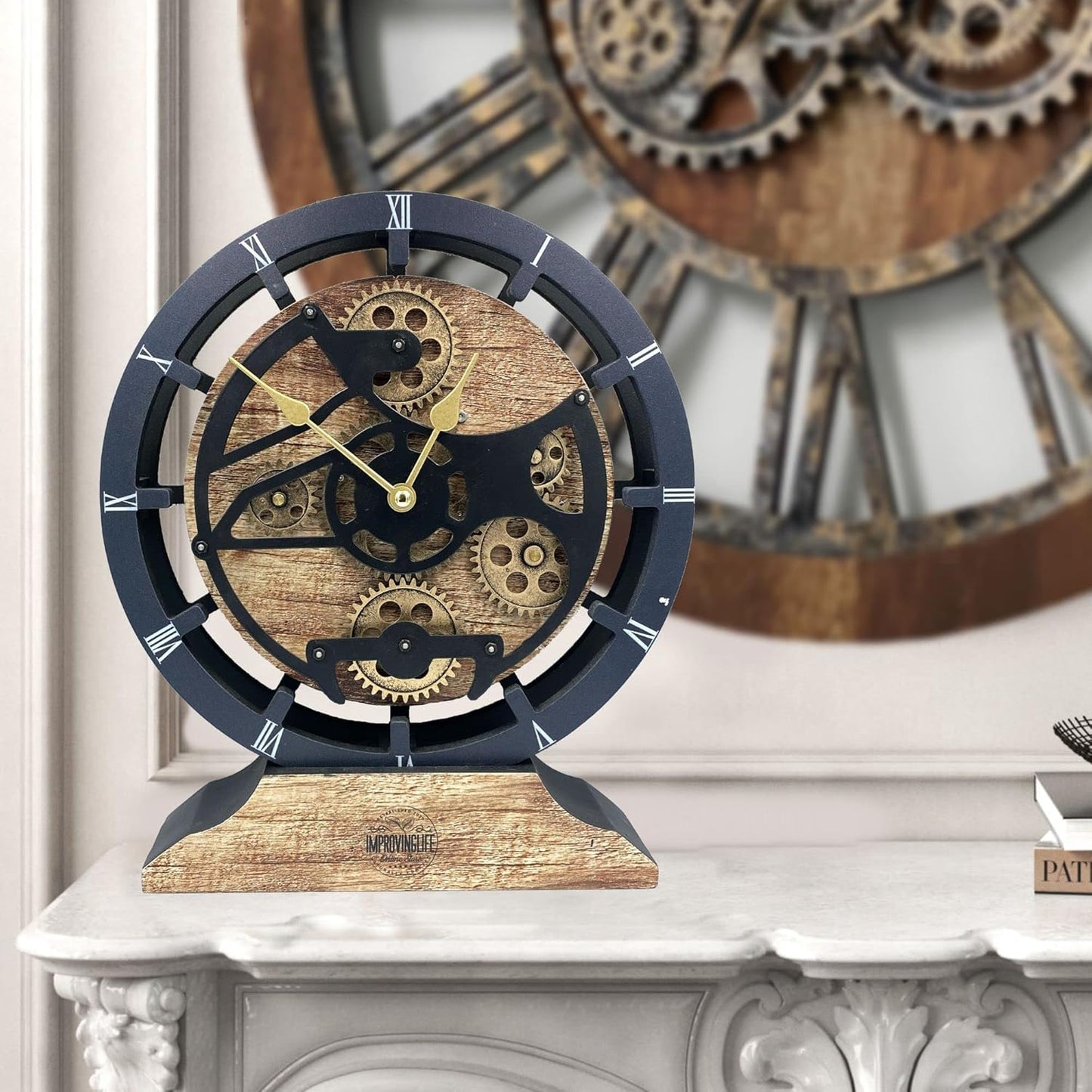The Gears Clock Desk Clock 10 inches with Real Moving Gears Convertible into Wall Clock (Vintage Brown)