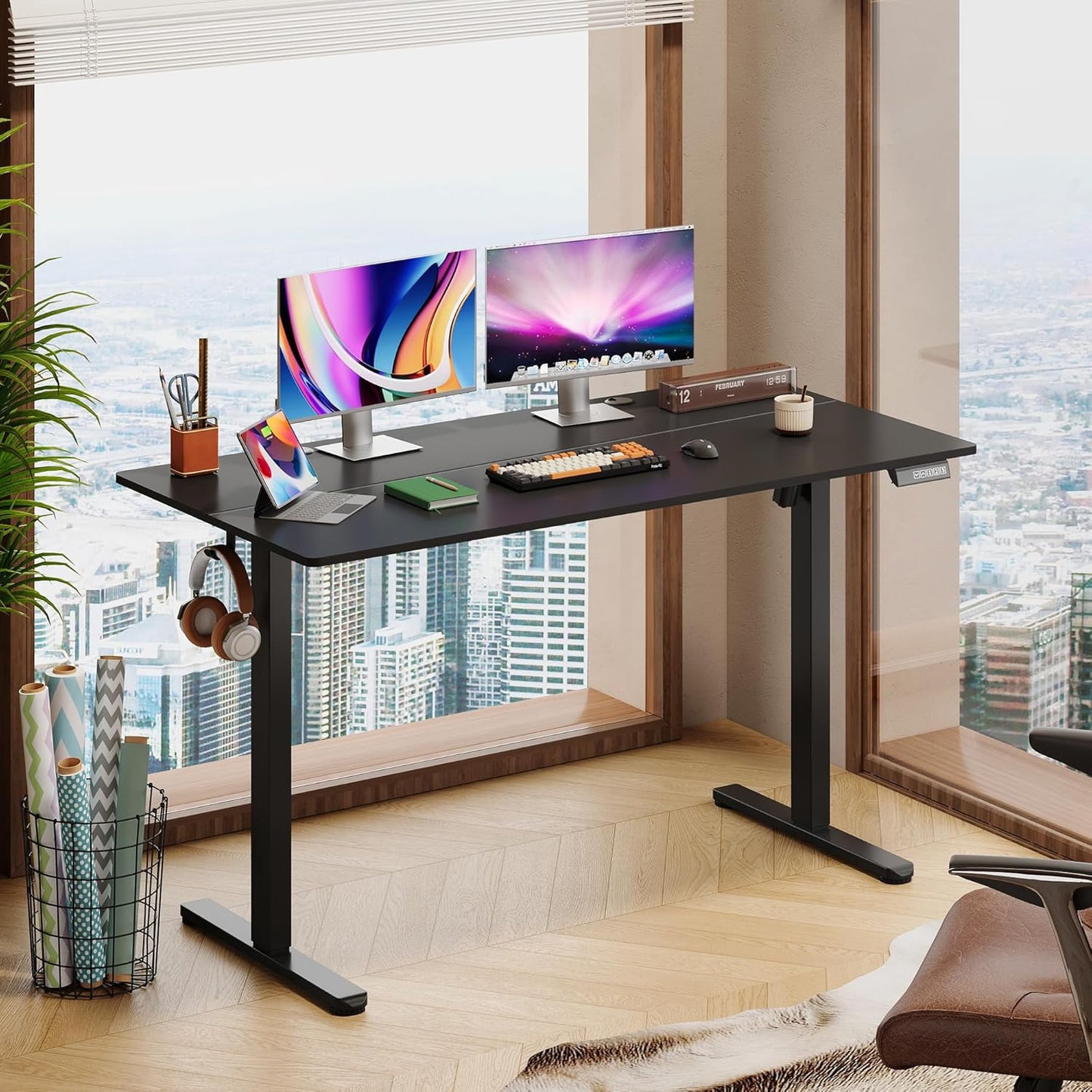 DEVAISE 55 Inch Electric Standing Desk, 3 Adjustable Height Stand up Desk for Home Office, Ergonomic Sit to Stand Desk with LED Touchscreen, Headphone Hook, 3 Memory Preset Computer Desk (Black)
