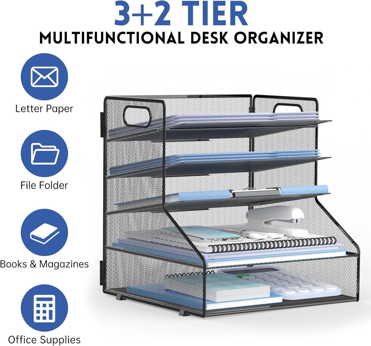 SUPEASY 5-Tier Desk File Organizer, Metal Letter Paper Tray, Desk Organizers and Accessories for Home Office Supplies, Black