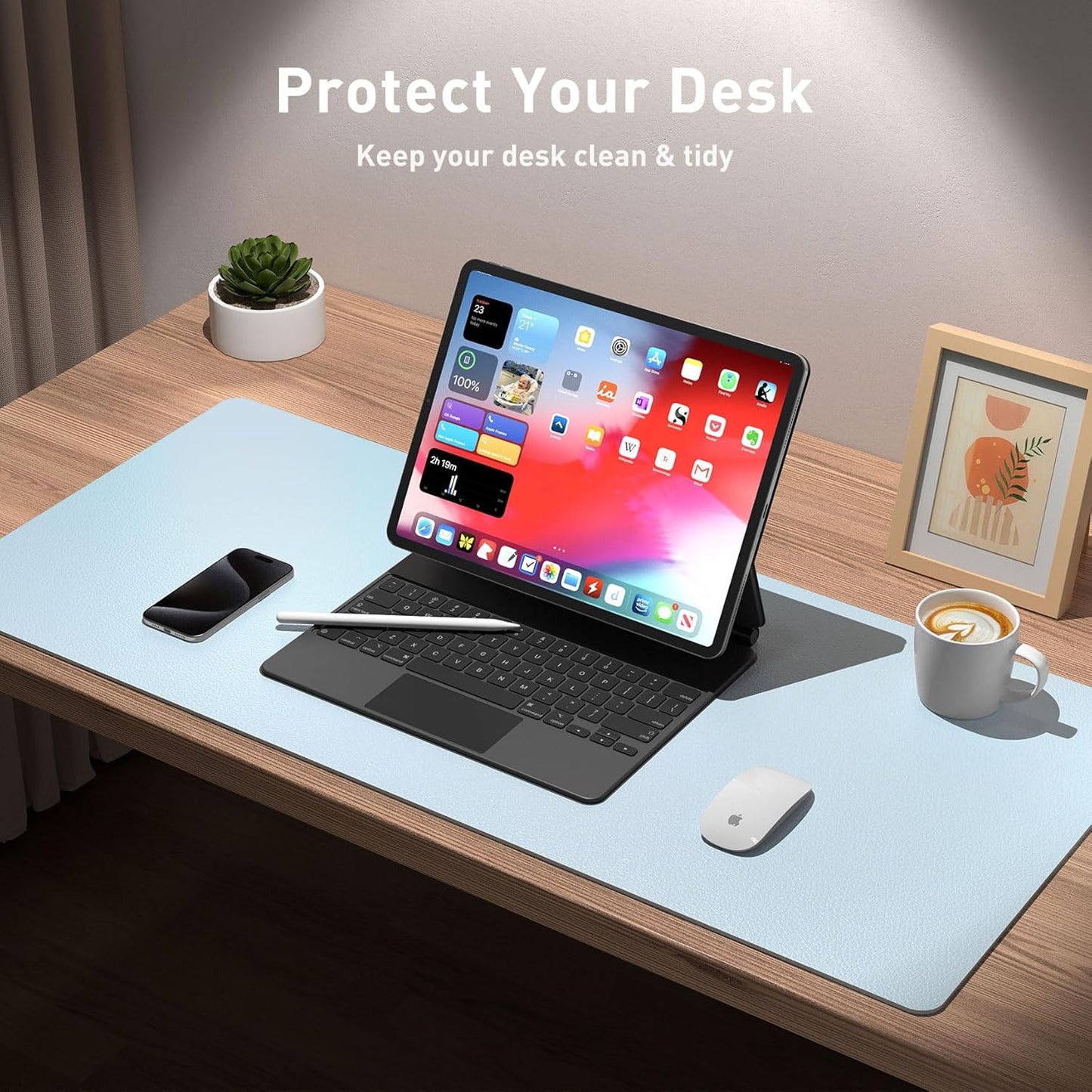 Aothia Leather Desk Pad Protector, Mouse Pad, Office Desk Mat, Non-Slip PU Leather Desk Blotter, Laptop Desk Pad, Waterproof Desk Writing Pad for Office and Home (23.6" x 13.7", Baby Blue)