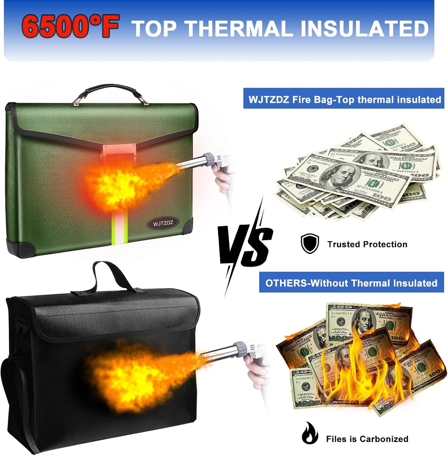 6500°F Fireproof Document Bag with Lock,Upgraded Fireproof/Waterproof Money Bag with Zipper/Reflective Strip,Storage Pouch for A4 Letter Size Document,Cash,Cell Phone,Passport