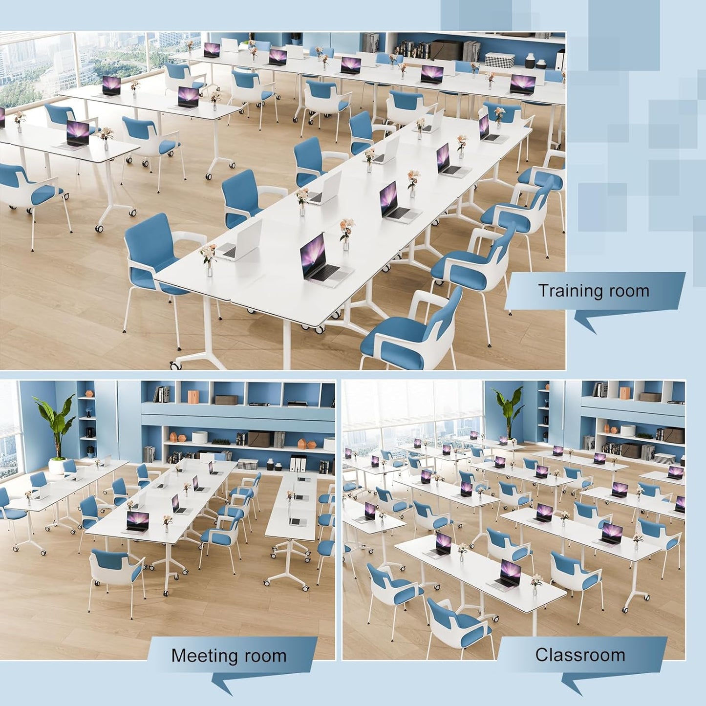 2Pack Folding Conference Room Table, Modern Conference Tables with Silent Wheels, Large Rectangular Mobile Training Tables for Office Classroom, Foldable Modular Seminar Table White (L63in)