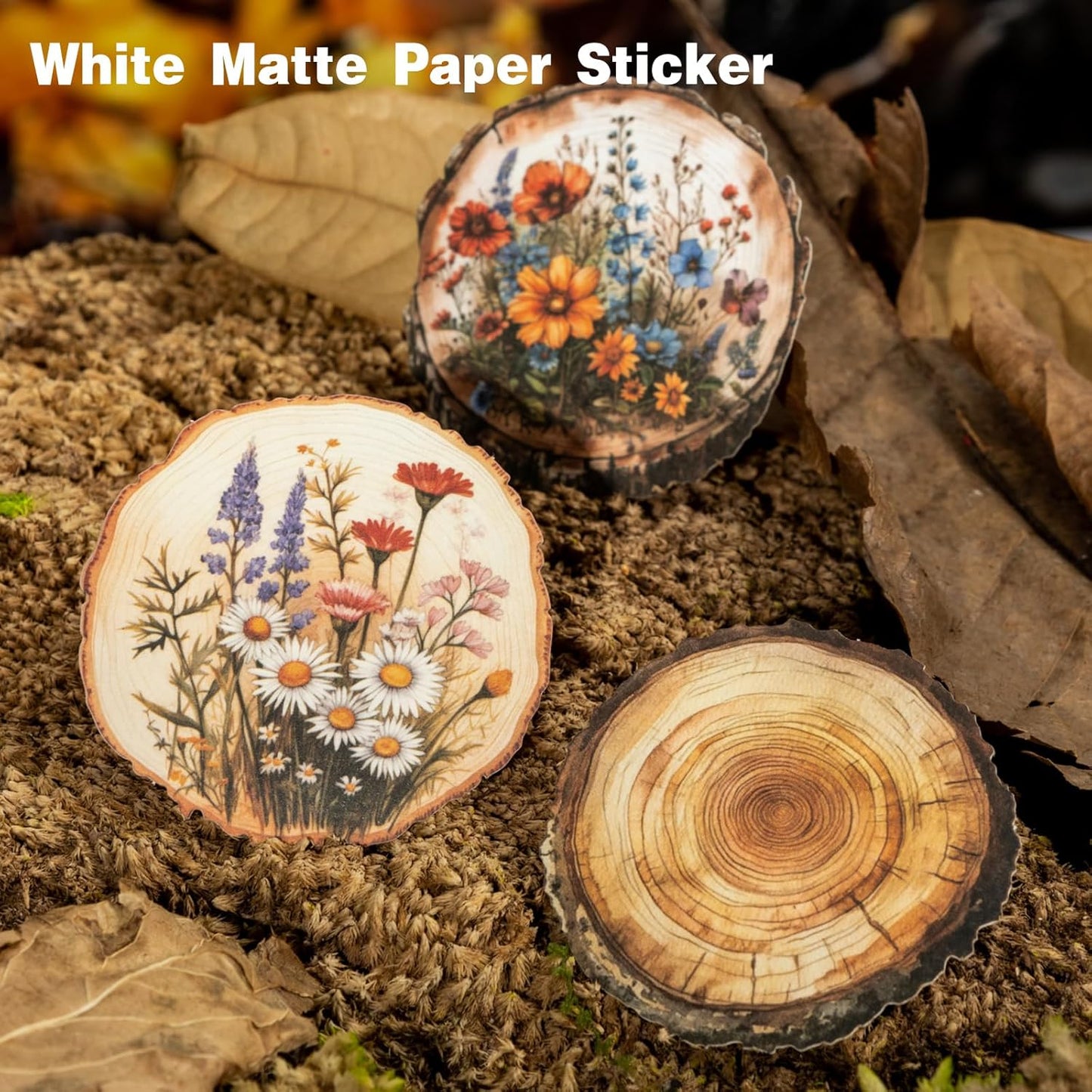 Nature Wood Slice Sticker Set, 120PCS Vintage Designs with Flowers, Moss, Logs and Botanical Elements for Journaling, Scrapbooking and Crafts