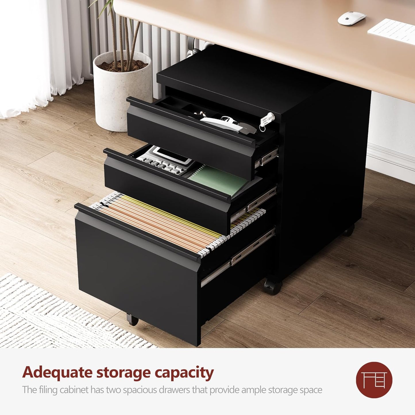3 Drawer File Cabinet，Mobile Filing Cabinet with Lock and Wheels，Un-Assembled Metal Under Desk File Cabinets for A4/Letter/Legal Size（Black