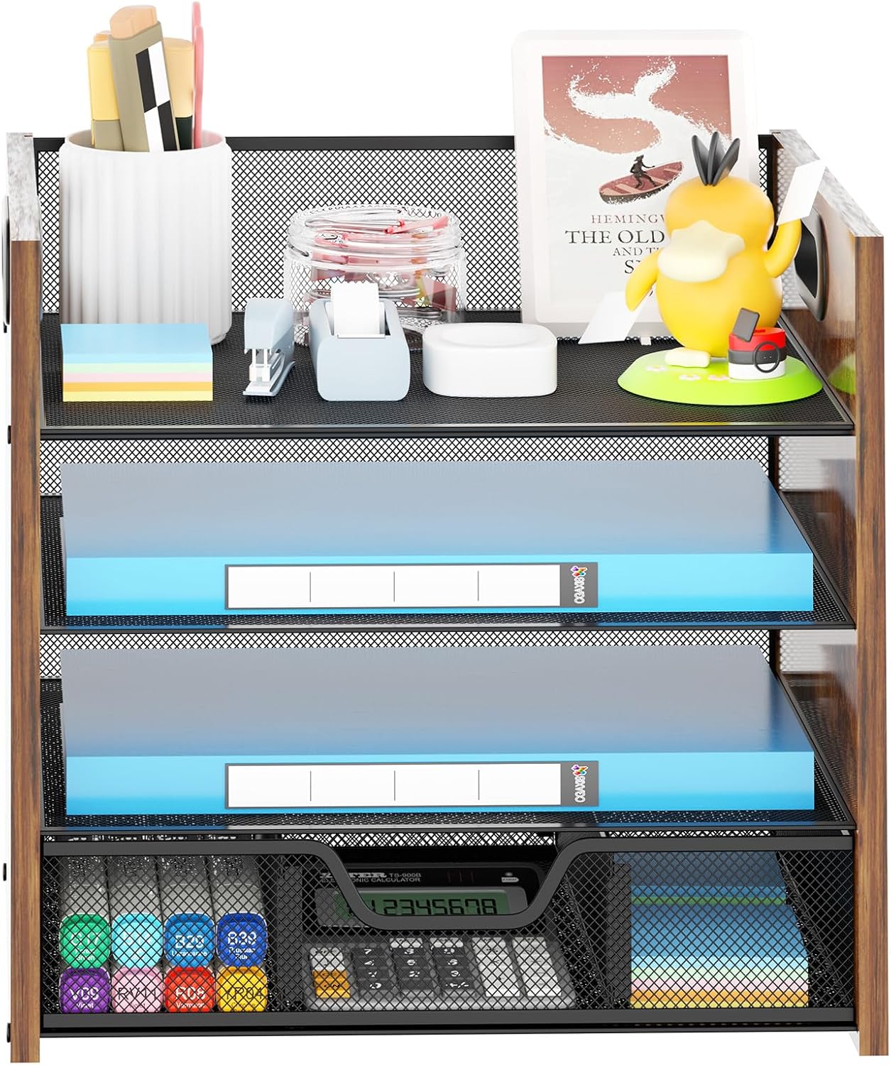 Wood Desk Organizer - 4-Tier Desktop File Organizer with Drawer, Wooden Paper Tray, Office Desk Organizer for Papers, Mail, Notebooks, Stationery