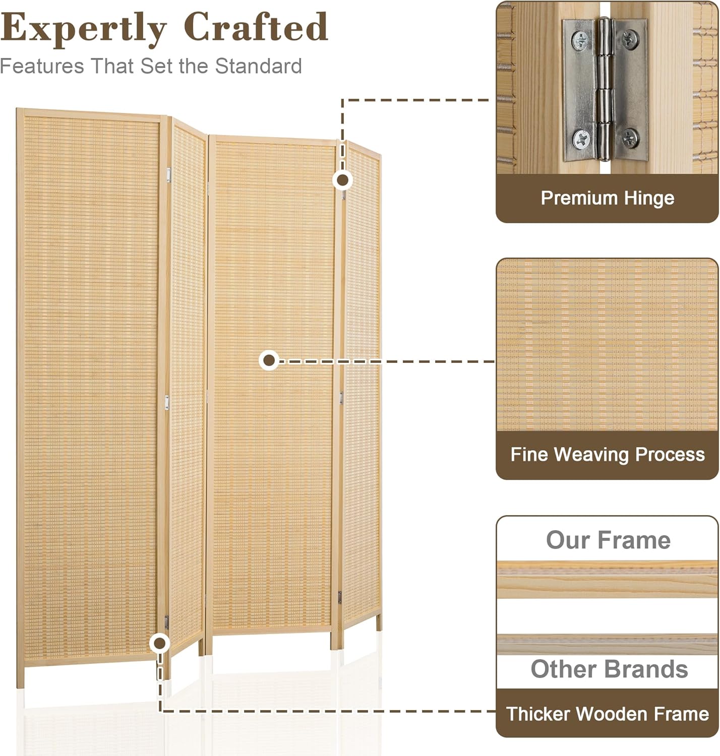 WelFurGeer 4 Panel Bamboo Room Divider, Folding Privacy Screen for Room Separation, Natural Wood Room Partitions and Dividers, Patio Privacy Panels, Decorative Wall Divider for Home, Office, Studio