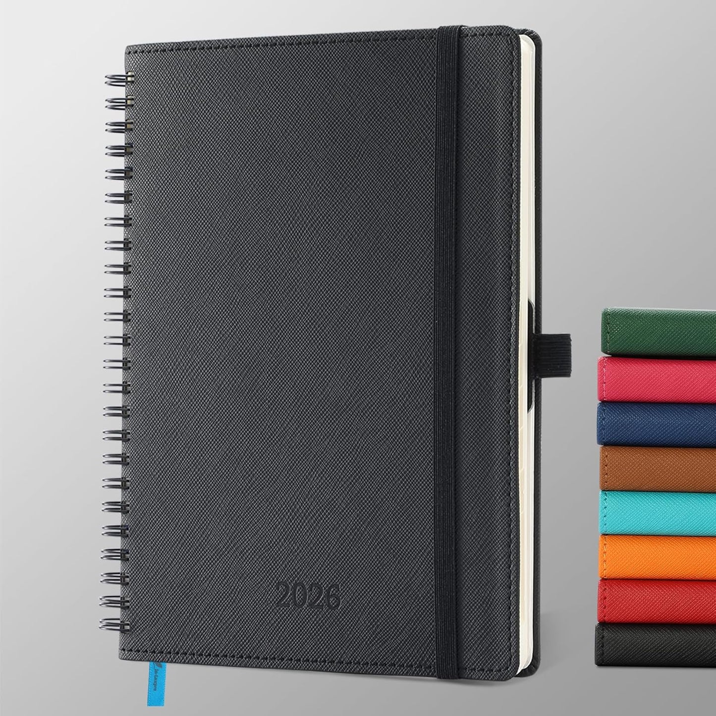 Planner 2026 Daily Weekly and Monthly,8.5"x6.5",12 Months Spiral Bound Calendar Agenda with Self-adhesive Pen Holder,2026 Appointment Book with Vegan Leather Soft Cover,Black