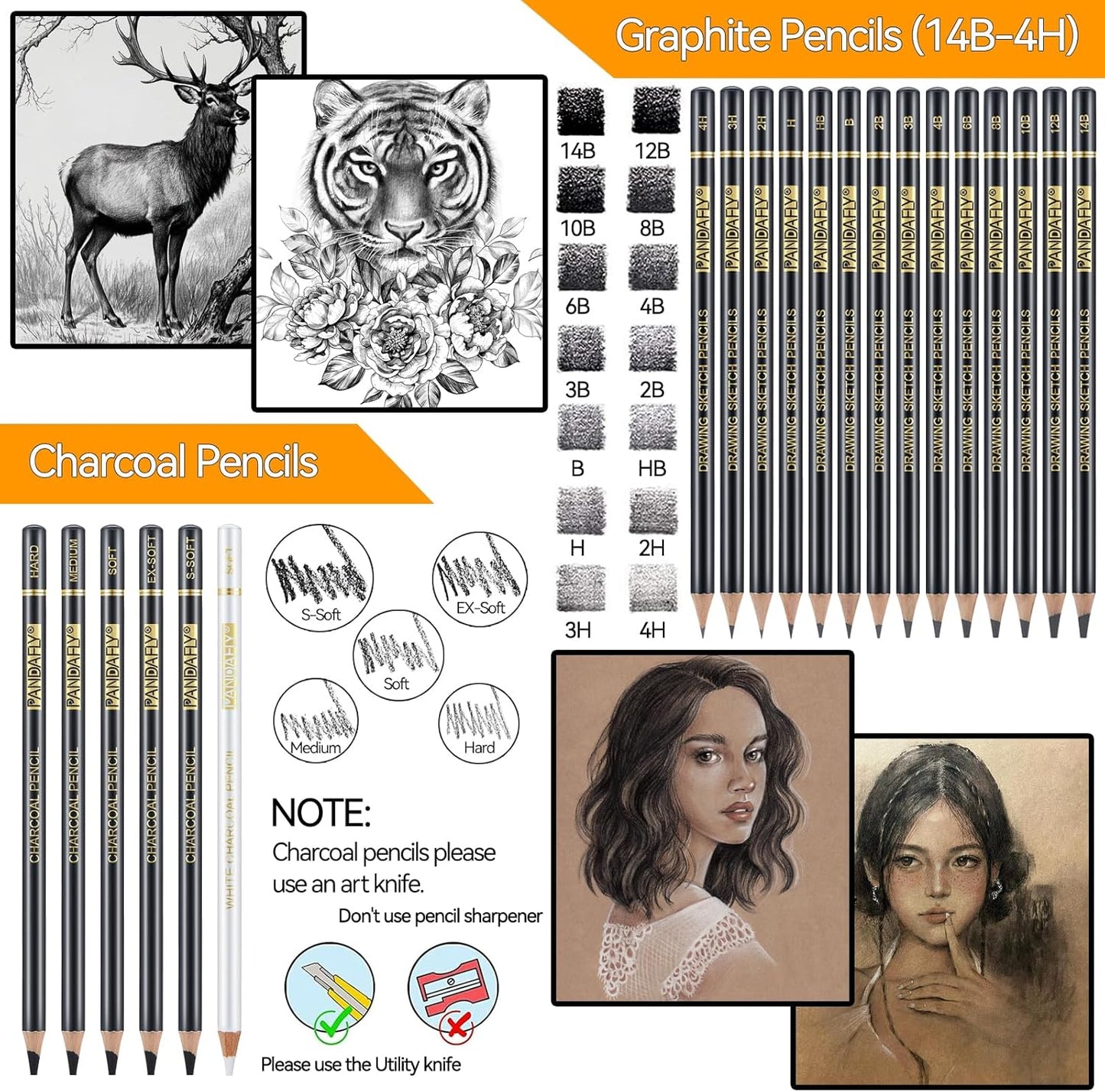 PANDAFLY 26-Piece Professional Sketch Pencil Set - Includes 4H to 14B Graphite Pencils, Charcoal Pencils, Charcoal Sticks, Vinyl Eraser, Kneaded Eraser, Sharpener, Blending Stump