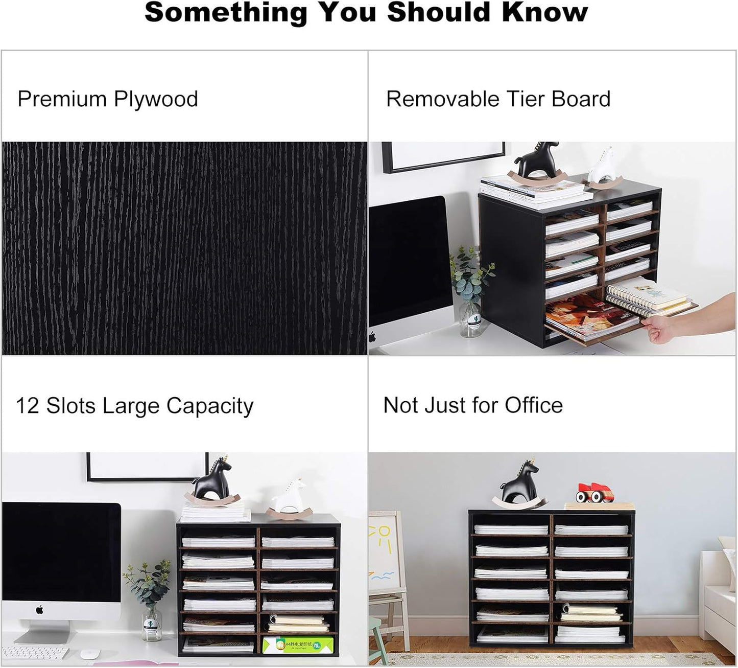 TQVAI Wood Adjustable Literature Organizer Desktop File Sorter Mail Center Paper Storage Cabinet Home & Office Mailbox School Classroom Keepers, 12 Slots Compartments, Black/Archaize
