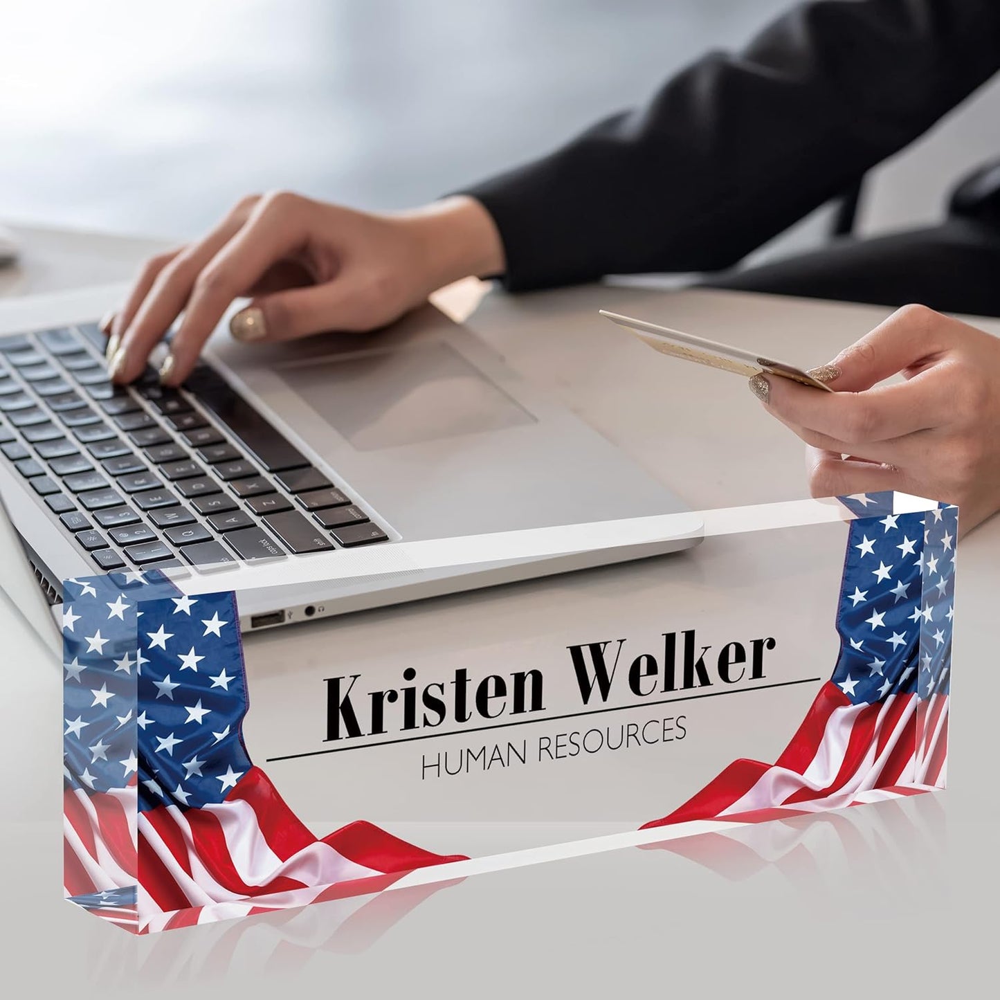 Flpoxzd Desk Name Plate Personalized, Custom Name Plates for Desks, Premium American Flag Acrylic Desk Name Plate, Office Desk Decor for Women or Men Coworkers, Boss, Employee, Teacher (Flag2)