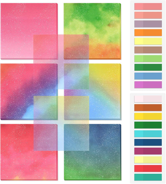 BAYTORY 500 Sheets Transparent Sticky Notes, 3 x 3 Glitter Clear Memo Pads, Translucent Self-Stick Index Tabs, See Through Self-Adhesive Note for Bible Accessories (Multicolor Gradient)