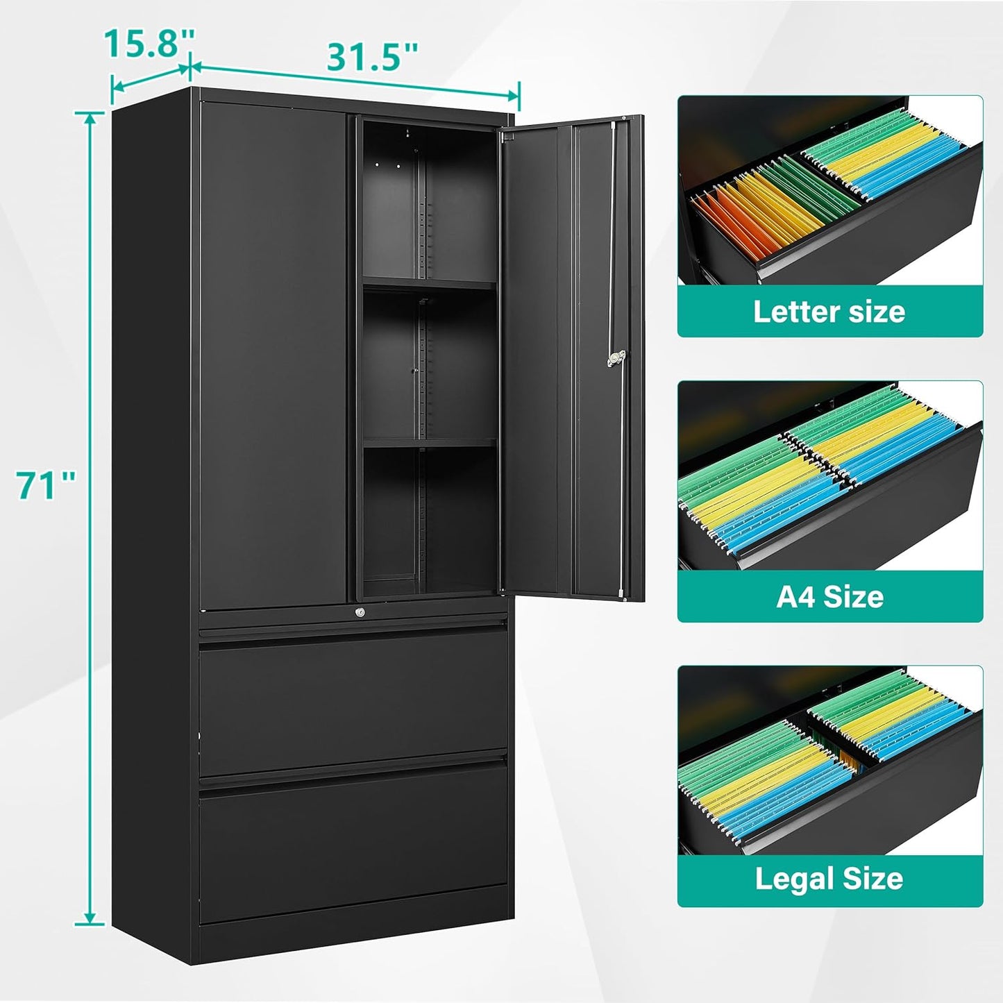 SISESOL 2 Drawer Lateral File Cabinet with Lock and Shelf,71" Black Filing Storage Cabinet with Doors,Locking Metal Storage Cabinets with Drawers for Home,Office,Garage,School,Fit A4/Letter/Legal File