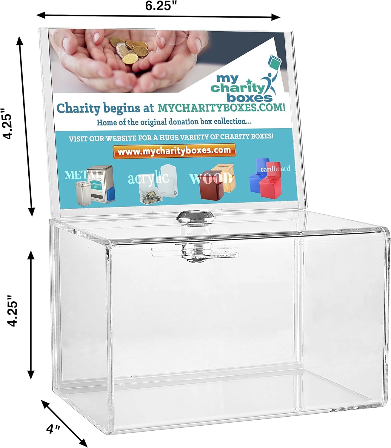 Acrylic Donation Collection Ballot Box Ticket & Drawing Voting or Comment Box office and fundraising suggestion box 6.25 x 4.25 Display Sign Holder 4.25 x 6.25 inch with Lock and keys