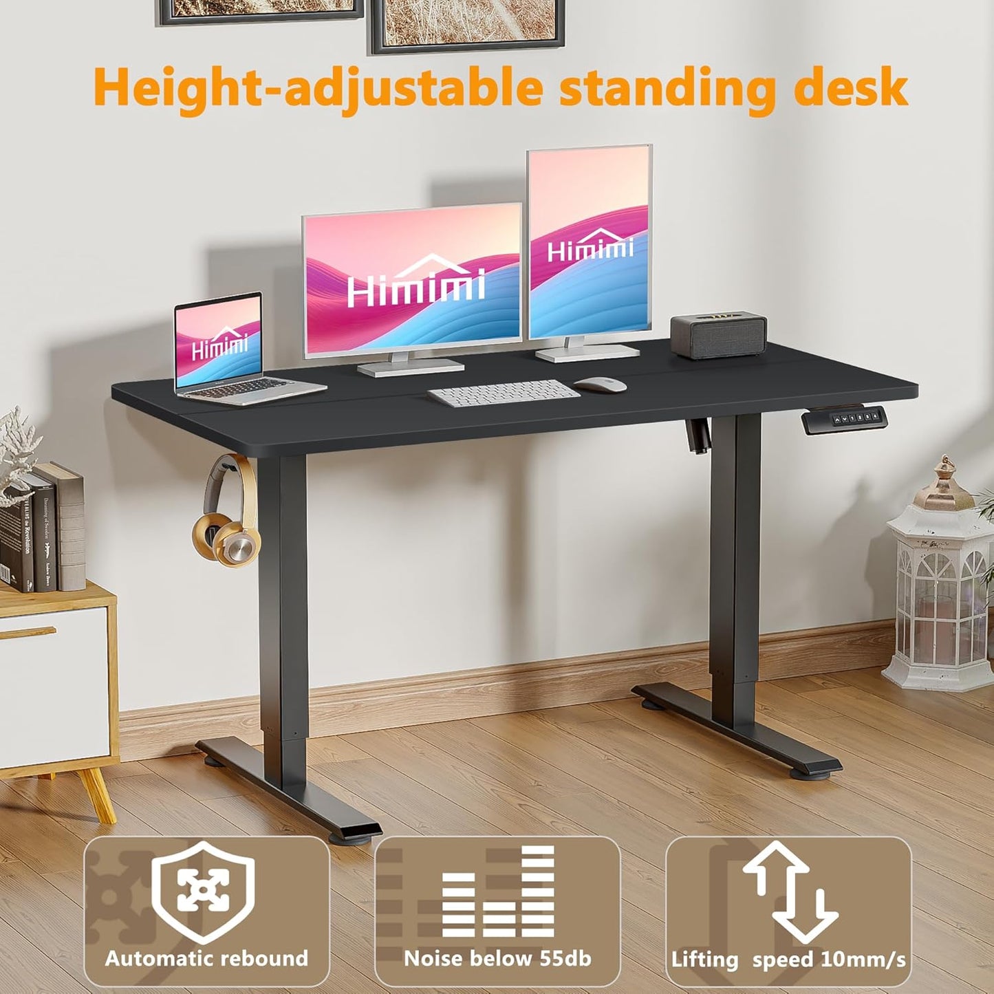 Himimi Electric Standing Desk 55 x 24 inch for Home Office,Sit-Stand Adjustable Desk with Memory Presets,Height Adjustable Desk for Gaming/Working,Free Hook, Lockable Wheels,Mouse Pad,Black