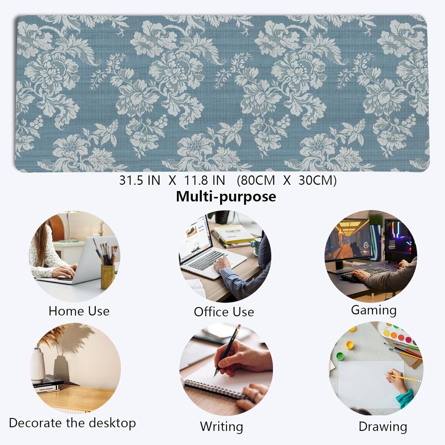 Blue Chinoiserie Mouse Pad,Vintage Blue and White Floral Desk Mat,Big Large Vintage Floral Preppy Trendy Mouse Pad,Girly Gaming Mousepad,Girly Laptop Desk Mat for Dorm Home Office,31.5x11.8In