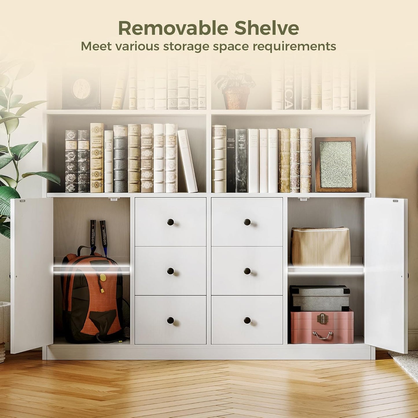 IRONCK 78.7" Bookcase with 6 Drawers, 6 Tier Large Bookshelf with 2 Doors, Large Bookcase with Adjustable Shelves, Tall Storage Cabinet for Home Office, Living Room, White