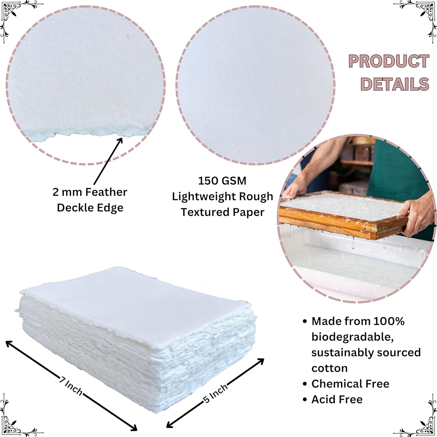 Handmade Cotton Paper with Deckle Edge Recycled Cotton Rag Mixed Media Card Stock for Postcards, Invitations, Crafts and Announcements (150gsm, 5x7 inch B6, 50 Pack)