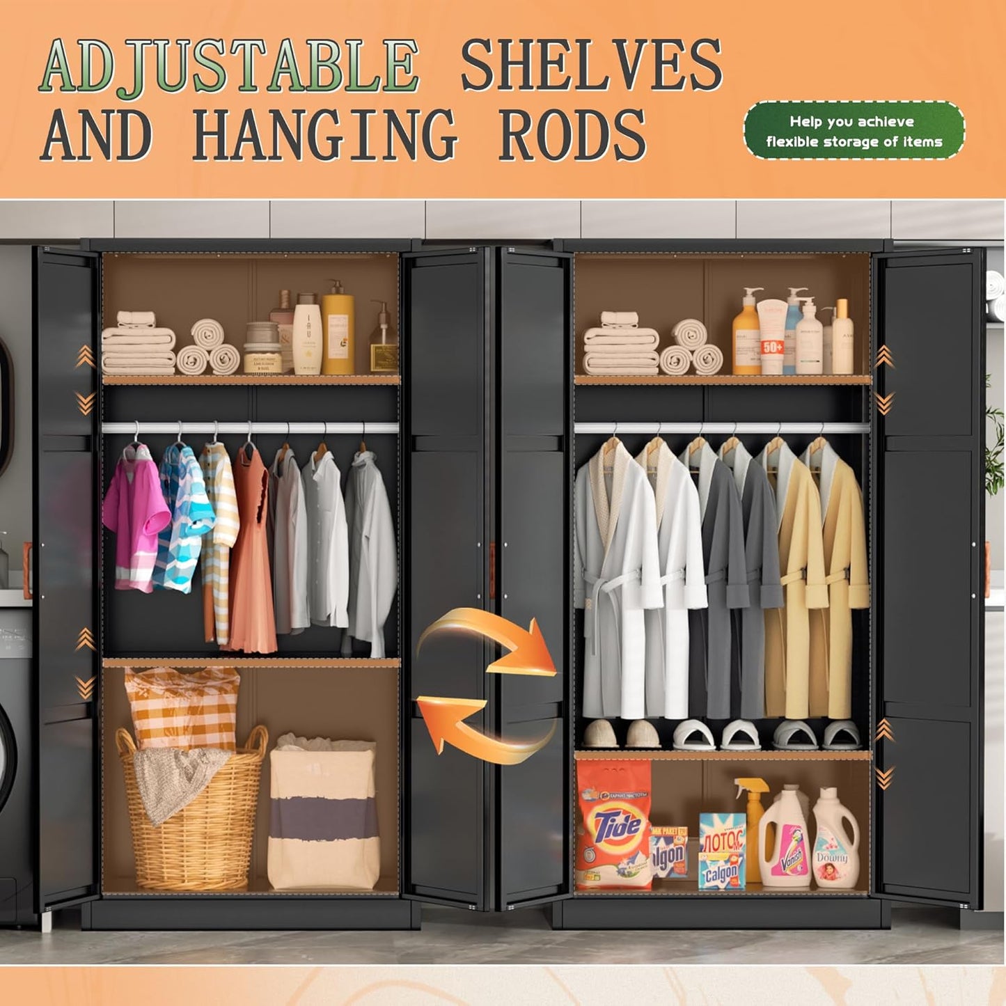 Greenvelly Metal Wardrobe Cabinet, 72" Black Armoire Metal Wardrobe Closet for Hanging Clothes with Wooden Handle, Modern Clothes Cabinet for Home, Office,Bedroom, School,Gym