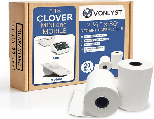 Receipt Paper for Clover Mini and Clover Mobile Thermal Printer 2 1/4 x 80 (20 rolls)