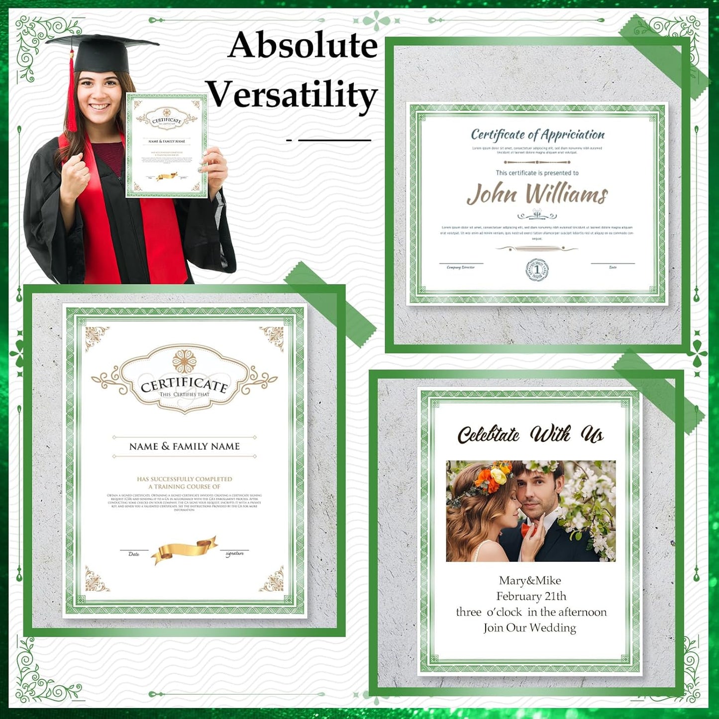 150 Sheets Foil Award Border Certificate Papers 8.5 x 11 for Printing Blank Customizable Awards Certificates for Graduation Diploma Achievement Scholarship Business Employee Document (Green)