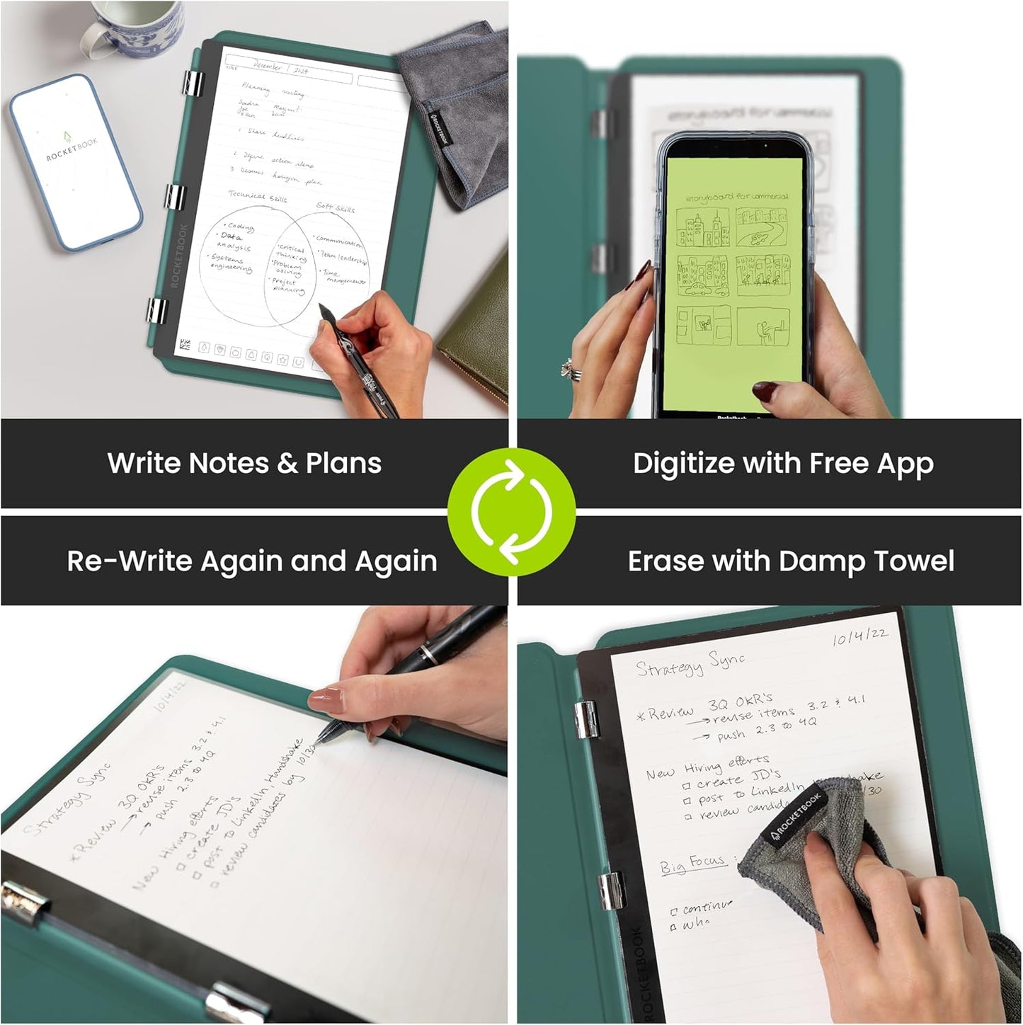Rocketbook Pro 2.0 Reusable Professional Smart Notebook, Letter Size 8.5x11, Green - Lined & Dot Grid Pages, App-Connected, Erasable, Premium Cover, Ideal for Work Notes and Business Meetings