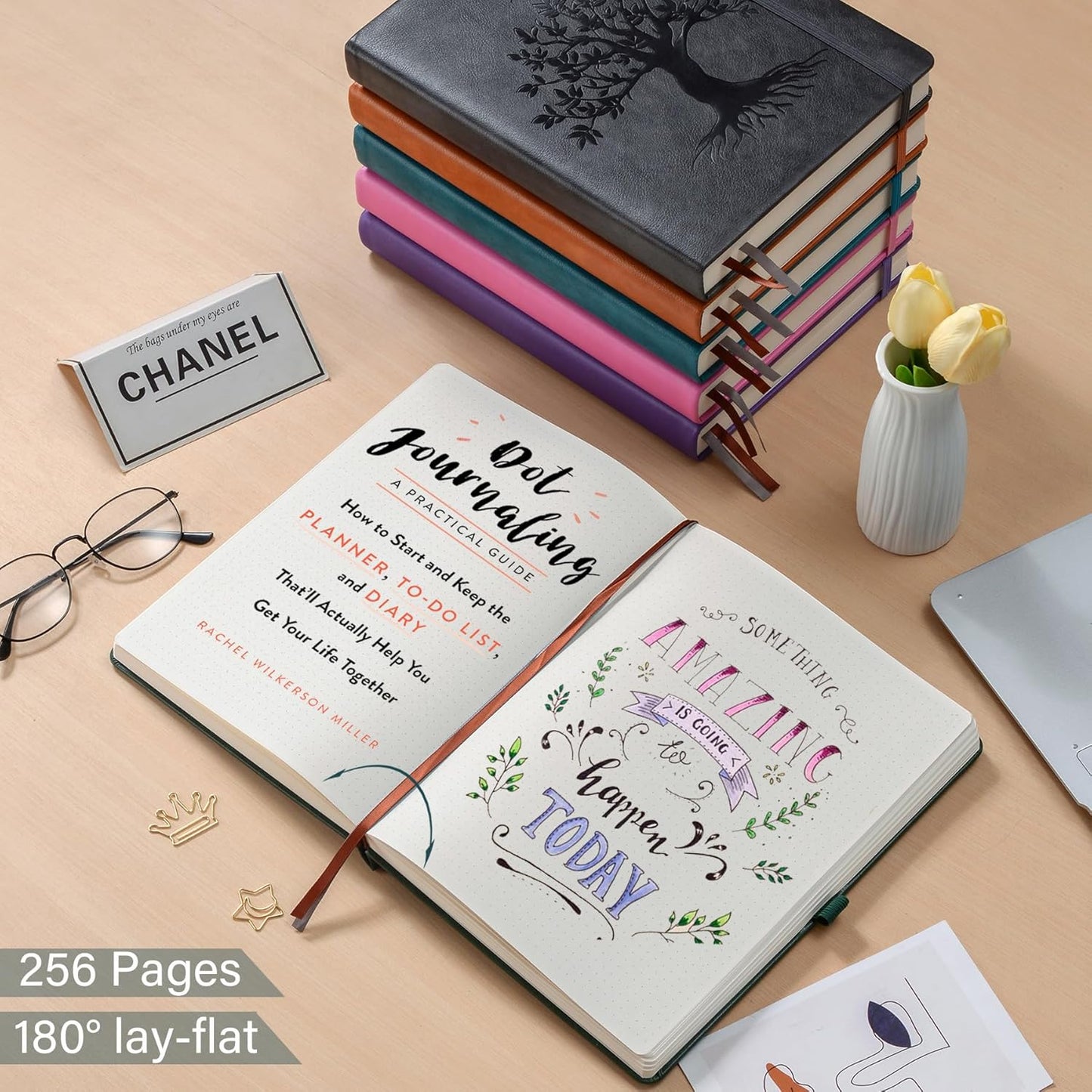 ZXHQ A5 Bullet Dotted Journal Notebook - 150 gsm Thick Paper, 256 Pages, Dot Grid Hardcover, Tree of Life Design, Fine Inner Pocket - 5.9" × 8.5" Dark Green