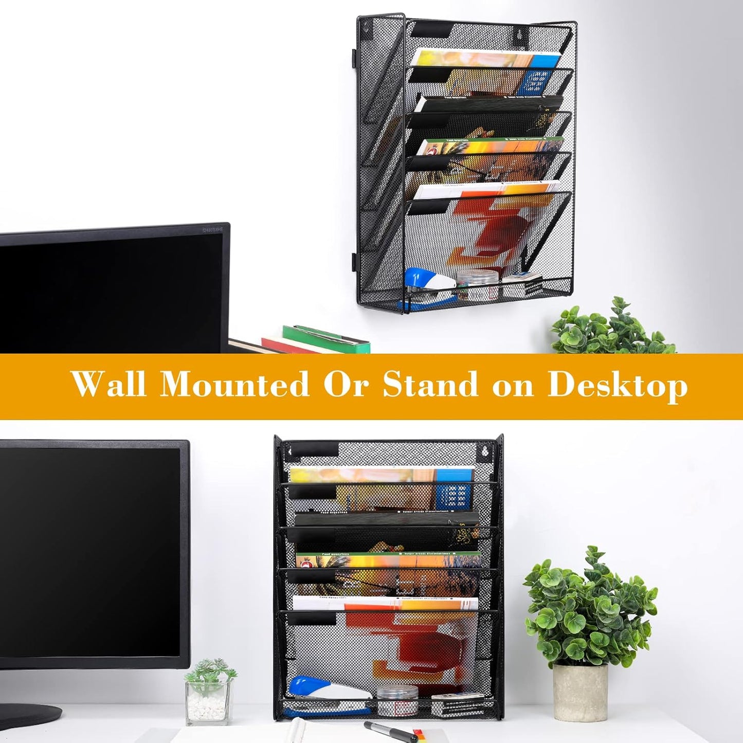 EasyPAG 6 Tier Wall File Holder with Flat Tray, Black | Easy Assemble Mesh Desk File Organizer | 5-Folder Paper Storage | Replaceable Classify Labels | Space Saving Mail Organizer for Office Home