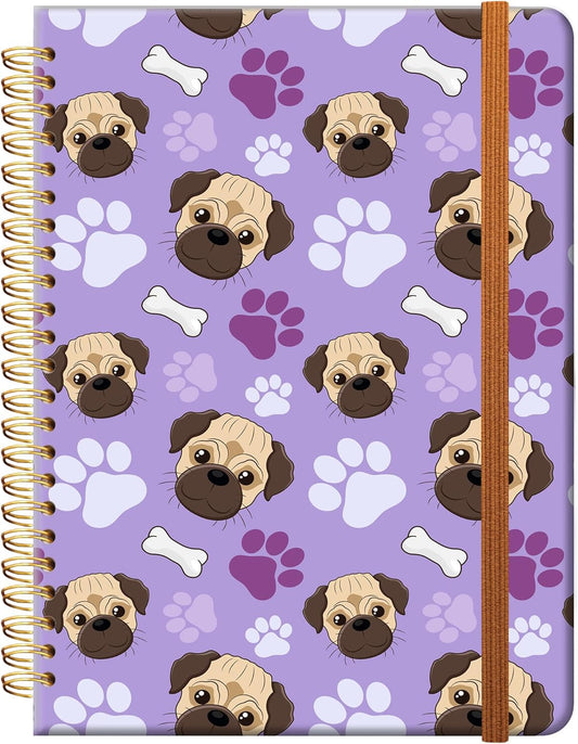 Ruled Spiral Writing Notebook,A5 Hardcover Lined College Journal for Women Lady,Fashion Puppy Watercolor Strong Twin-Wire Binding with Premium Paper,8.4" X 6",Perfect for School,Office,Home Gifts(Pug Bones Paws)