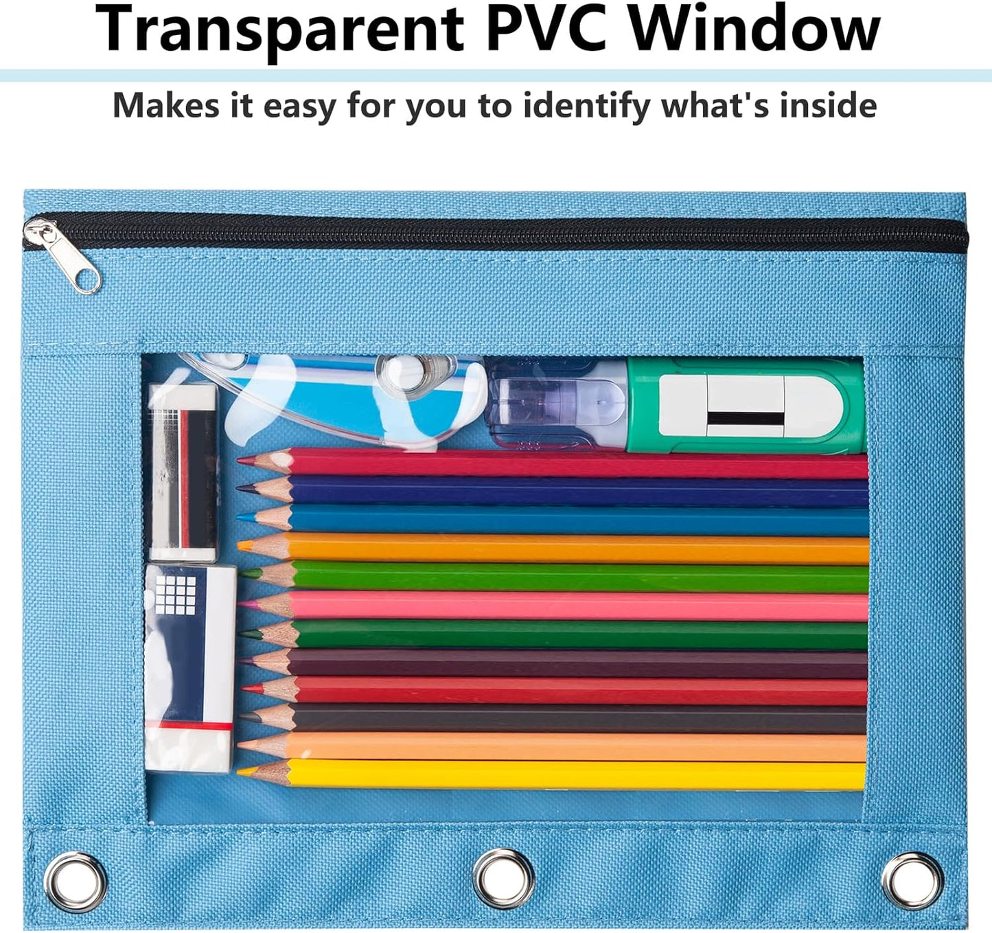 Forvencer 12 Pack Pencil Pouches for 3 Ring Binder, Smooth Zipper 3 Ring Binder Pencil Pouch, Multi-Color Pencil Case for Binder, Clear Top Binder Pencil Pouch, Pencil Bag with 3 Re-enforced Grommets