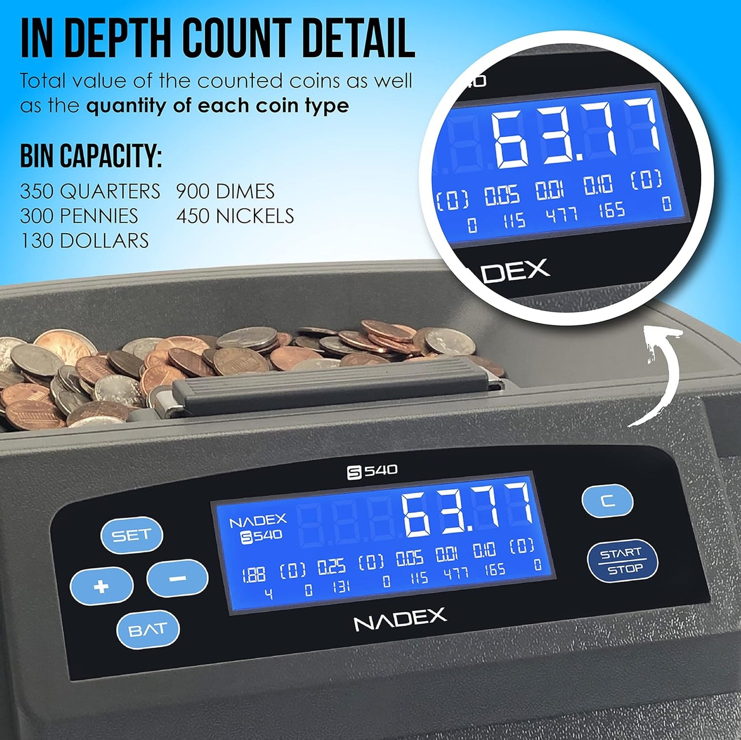 Nadex S540 Pro | Coin Counter, Sorter, and Wrapper | Sorts up to 300 Coins Per Minute | Comes with 48 Preformed Wrappers (Gray)
