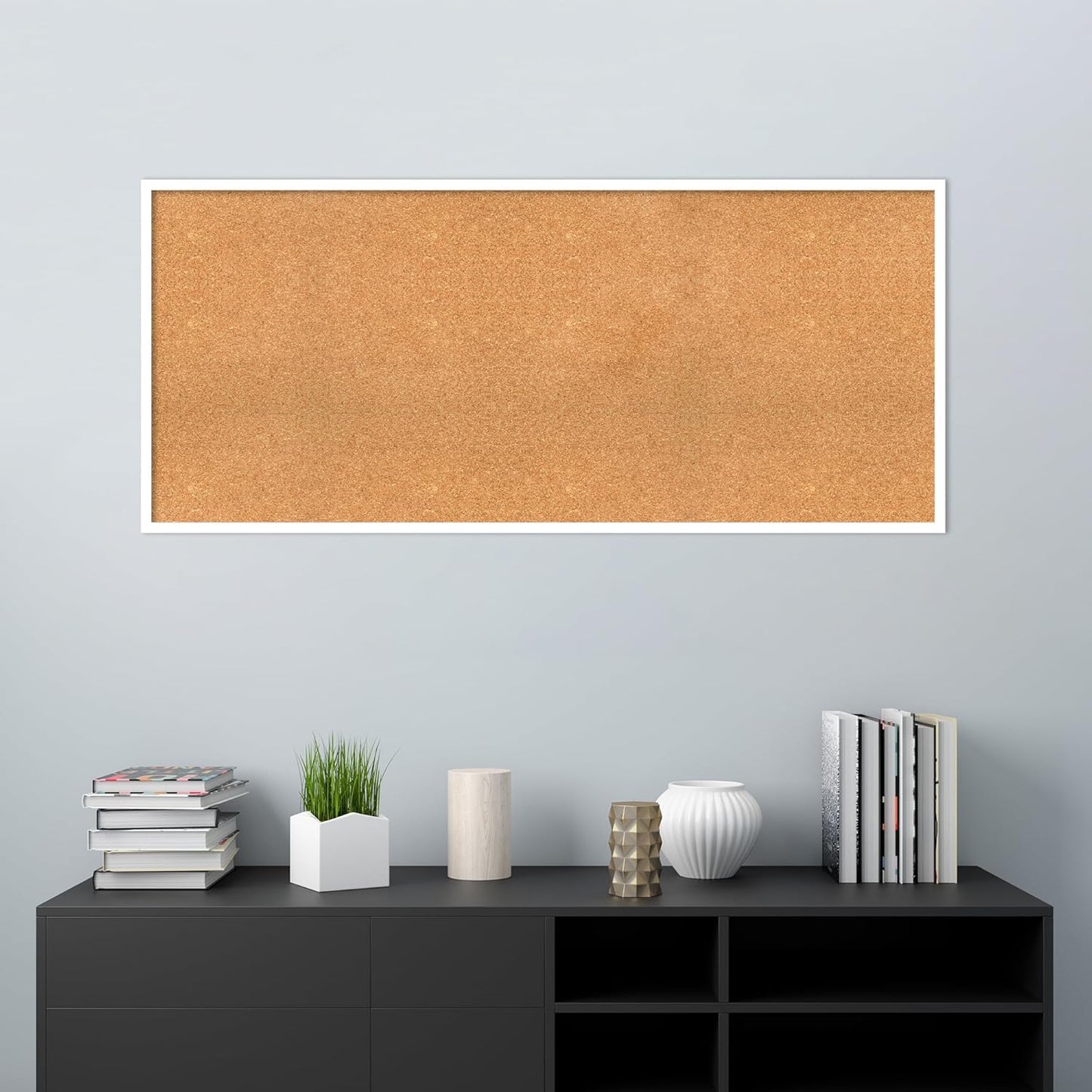 Amanti Art Natural Cork Board for Wall, 25x57 Vision Board with White Frame, Oversize Corkboard Office Decor for Home Organization, Modern Corkboard Pinboard to Display Items for Home Organization in