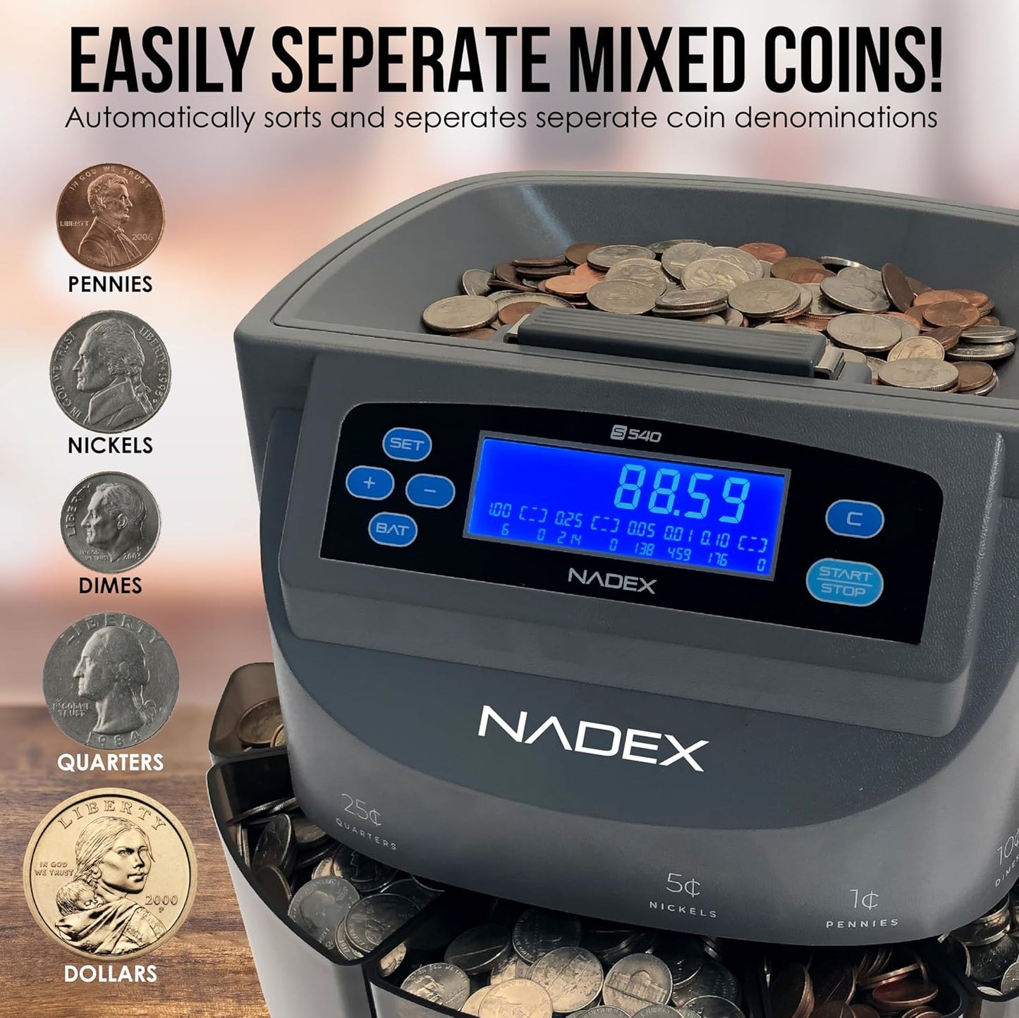 Nadex S540 Pro | Coin Counter, Sorter, and Wrapper | Sorts up to 300 Coins Per Minute | Comes with 48 Preformed Wrappers (Gray)