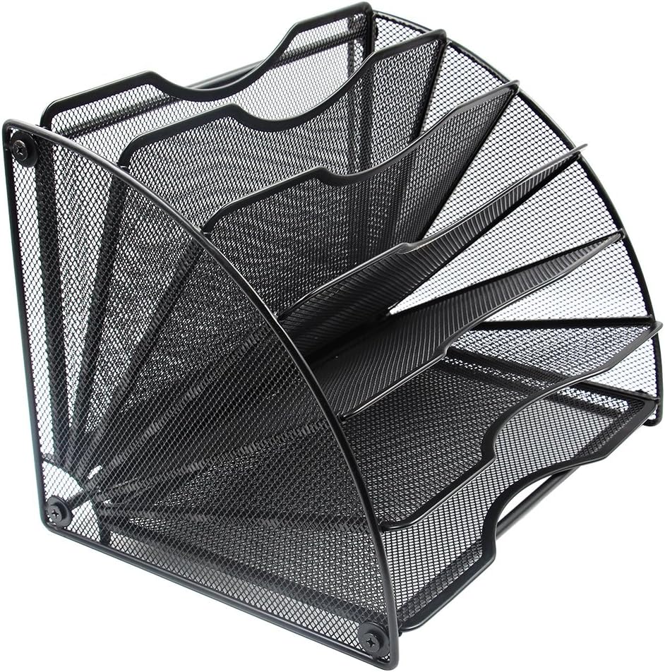 EasyPAG Desk File Organizer, 6-Section Vertical File Folder Holder Stand, Fan-Shaped Metal Rack File Sorter for Office Classroom Desktop Organization, Black