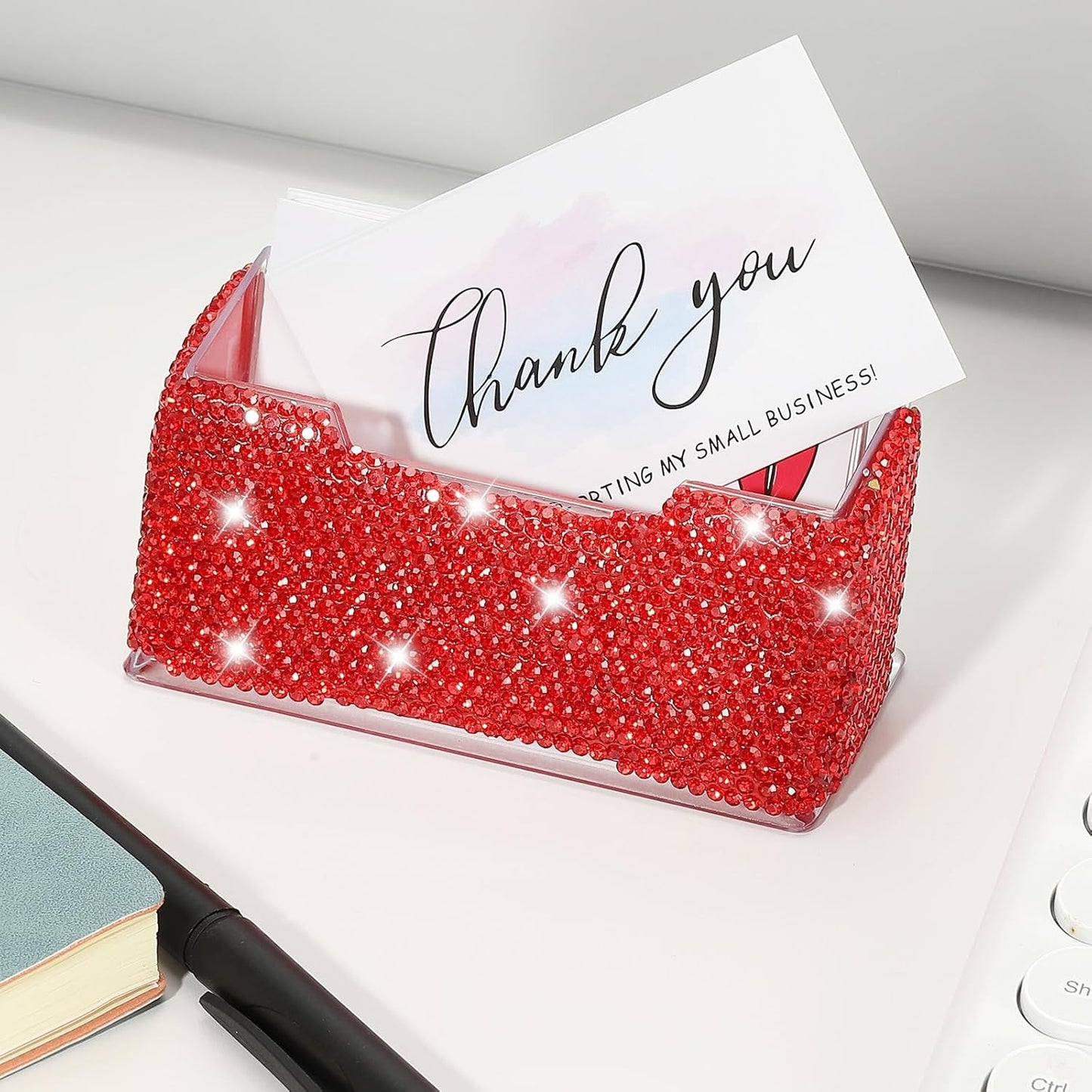 PATIKIL Rhinestone Business Card Holder, Crystal Business Card Holders Bling Business Card Organizer Display Stand for Desktop Desk Office Exhibition, Red