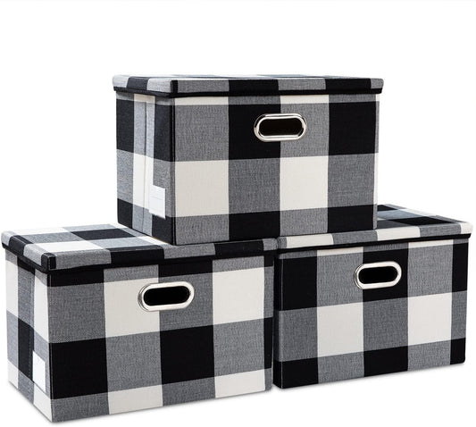 PRANDOM Large Collapsible Storage Bins with Lids [3-Pack] Fabric Foldable Storage Boxes Organizer Containers Baskets Cube with Cover for Home Bedroom Closet Office Black and White (17.7x11.8x11.8)