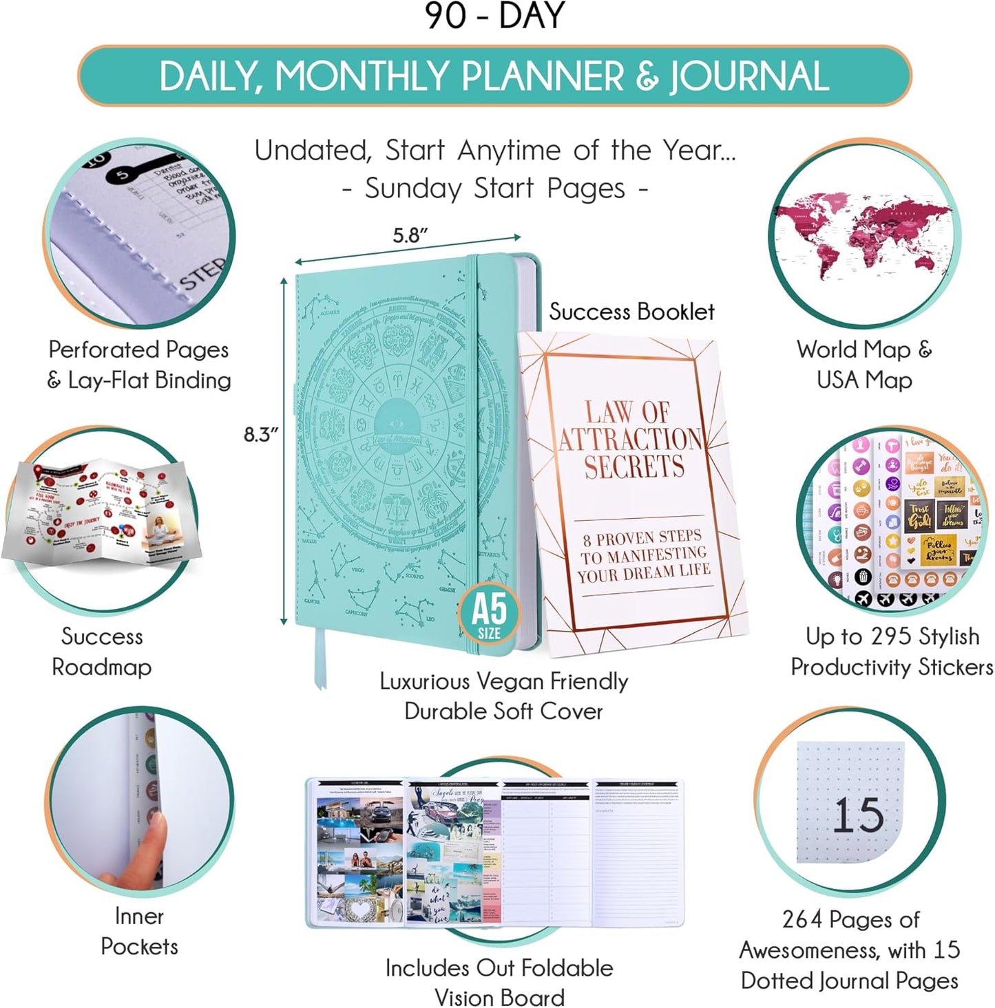 Manifestation Journal - 5 Minute Manifesting & Self Care Journal | 90-Day Undated Daily Planner for Positivity, Affirmations & Gratitude | Guided Mindfulness, Reflection | Vision Board + Stickers