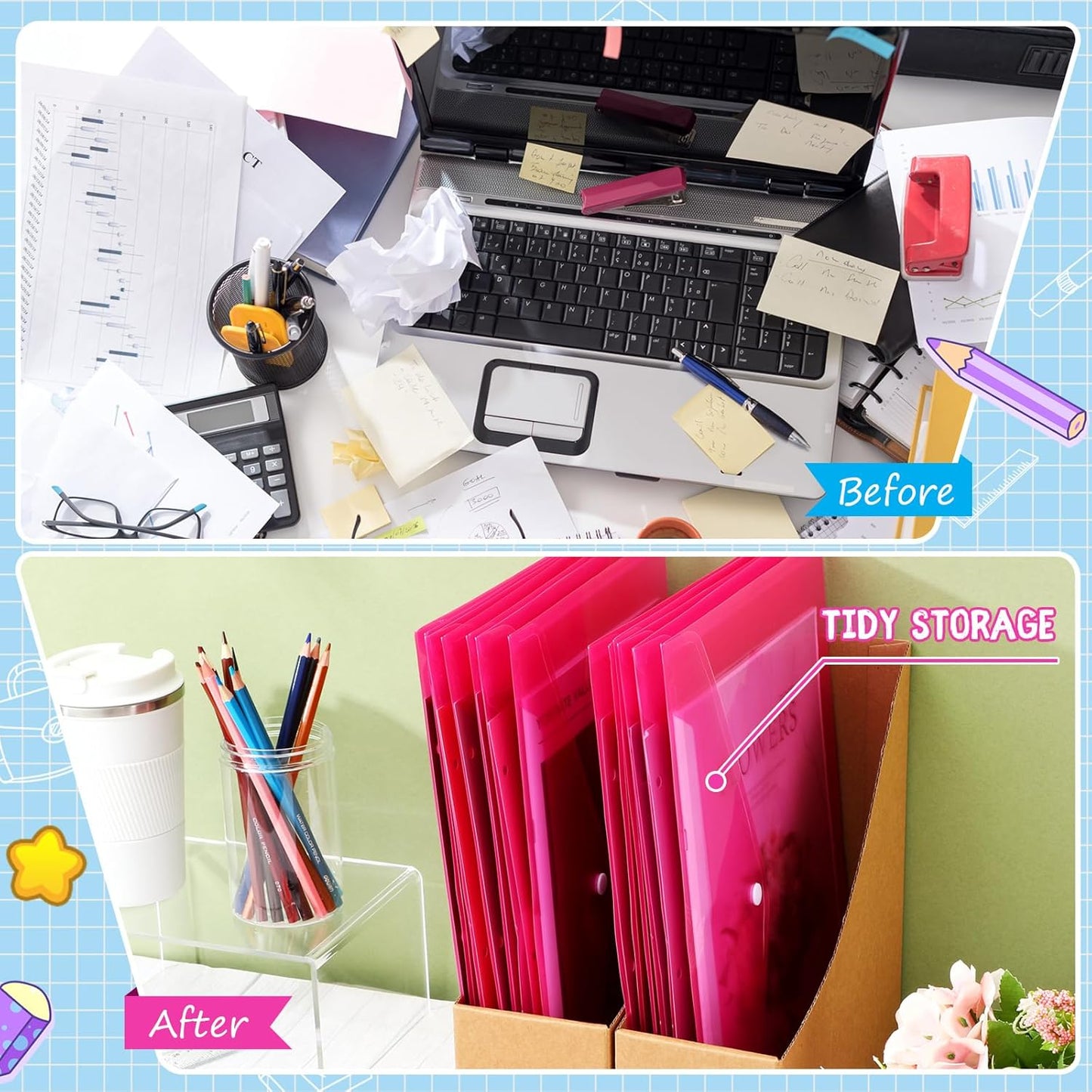 100 Pcs Clear Envelopes with Snap Button Closure Bulk A4 Letter Size Clear Plastic Envelope Folder Document Organizer File Folders for Office Home(Pink)
