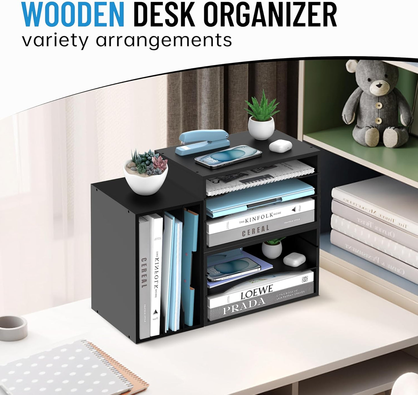 Wood Desk Organizer, 3 Tier Paper Tray Organizer for Desk with Adjustable Storage Shelves, Desktop Paper Sorter Mail Holder for Office Home Classroom, Black